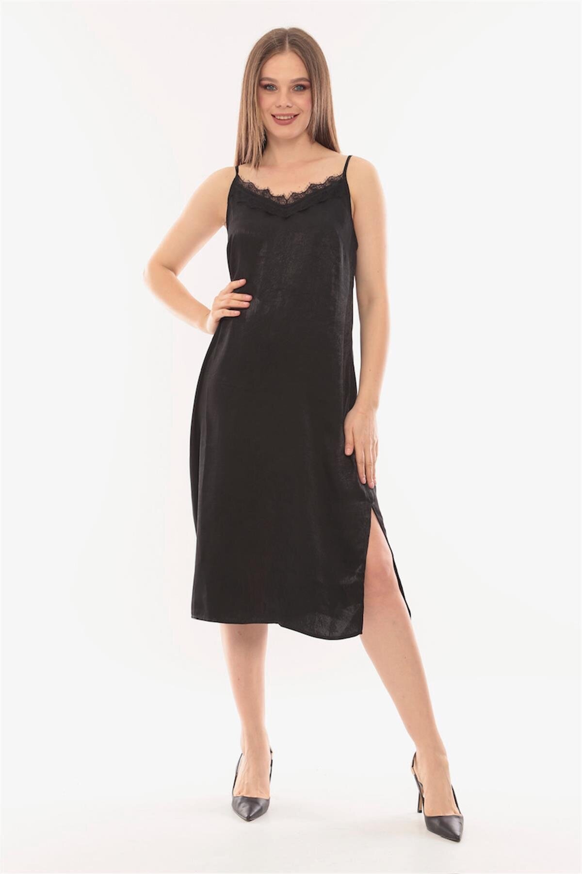 Kadın Askılı Yırtmaç Detay Sırt Bağlamalı Siyah Saten Spor Şık Curve Elbise