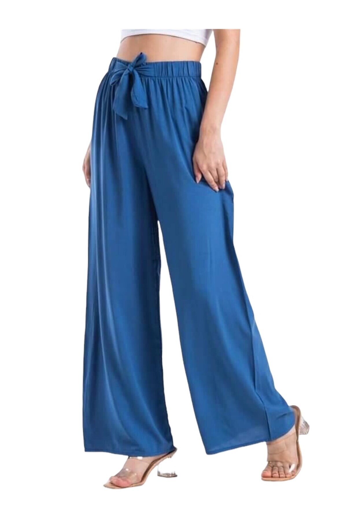 Kadın Beli Lastikli Rahat Salaş Mavi Pantolon