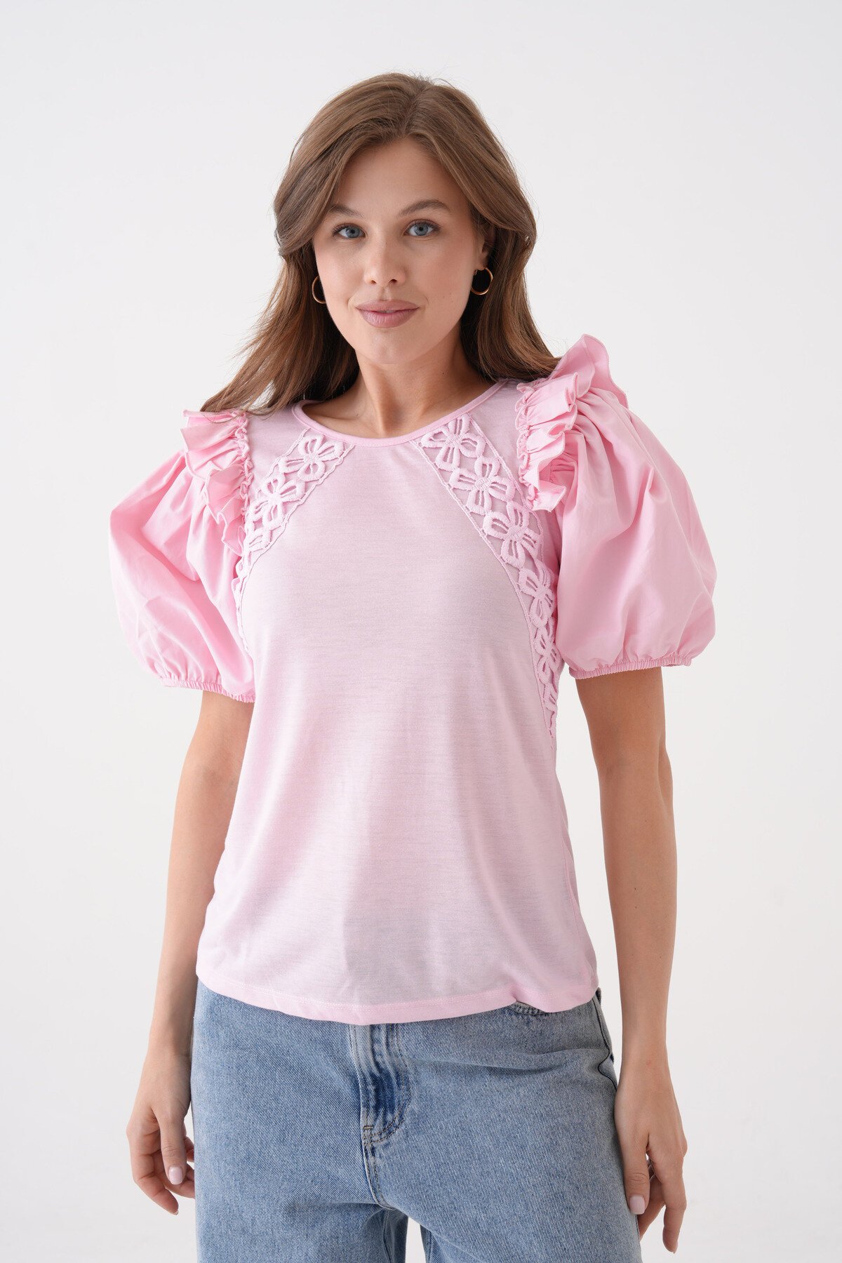 Kadın Bisiklet Yaka Volanlı Karpuz Kol Güpür Detaylı Spor Şık Çiçek Güpürlü Bluz