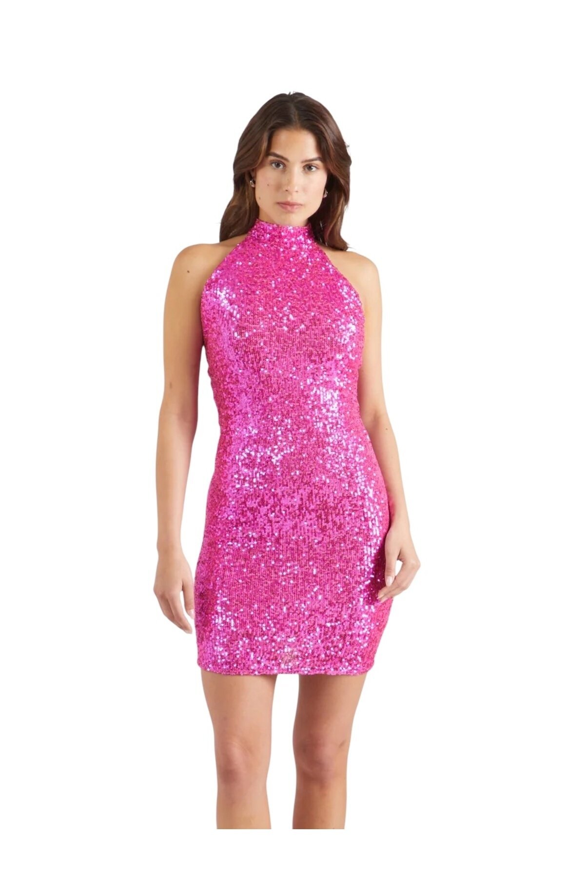 Kadın Boyundan Bağlamalı Fuşya Renk Kolsuz Tamamen Pul Payet Şık Abiye Mini Gece Elbisesi