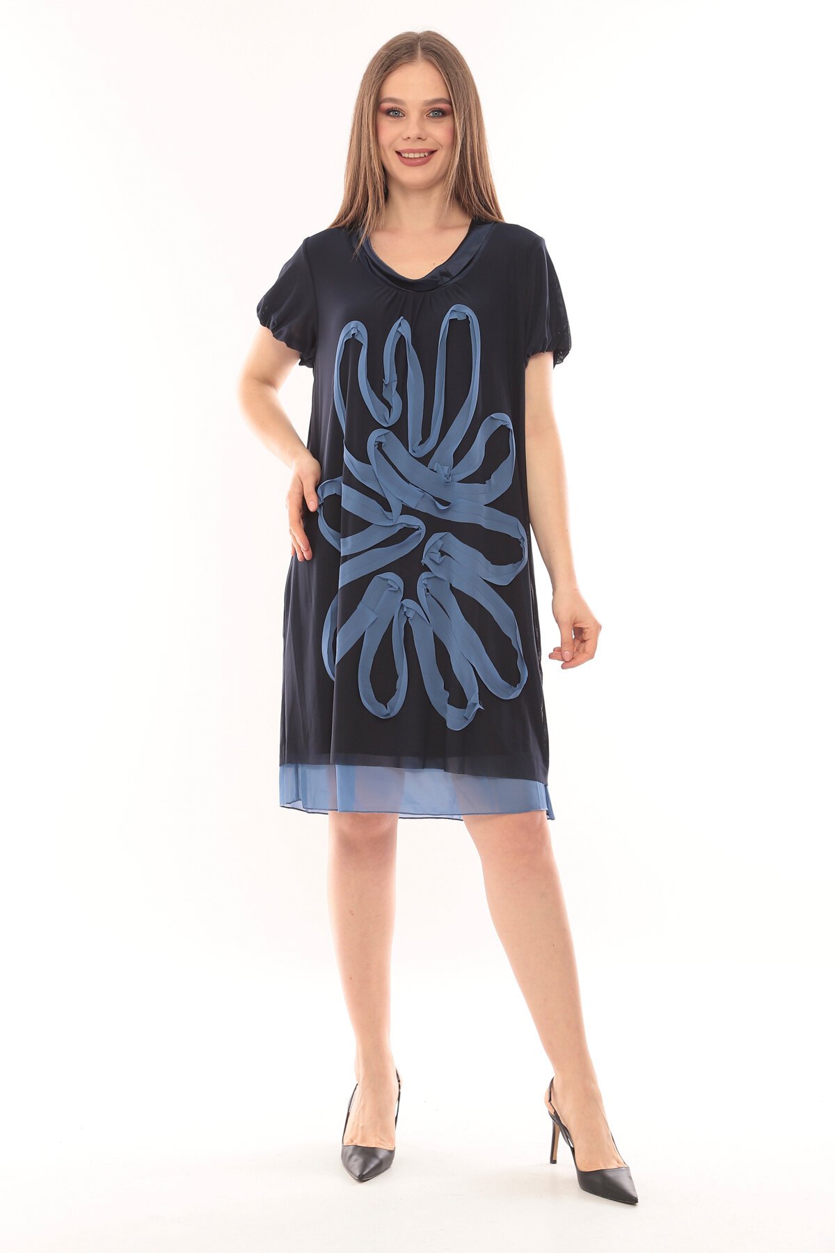 Kadın Büyük Beden Yarım Kol Şifon Çiçek Desenli Curve Astarlı Spor Şık Elbise