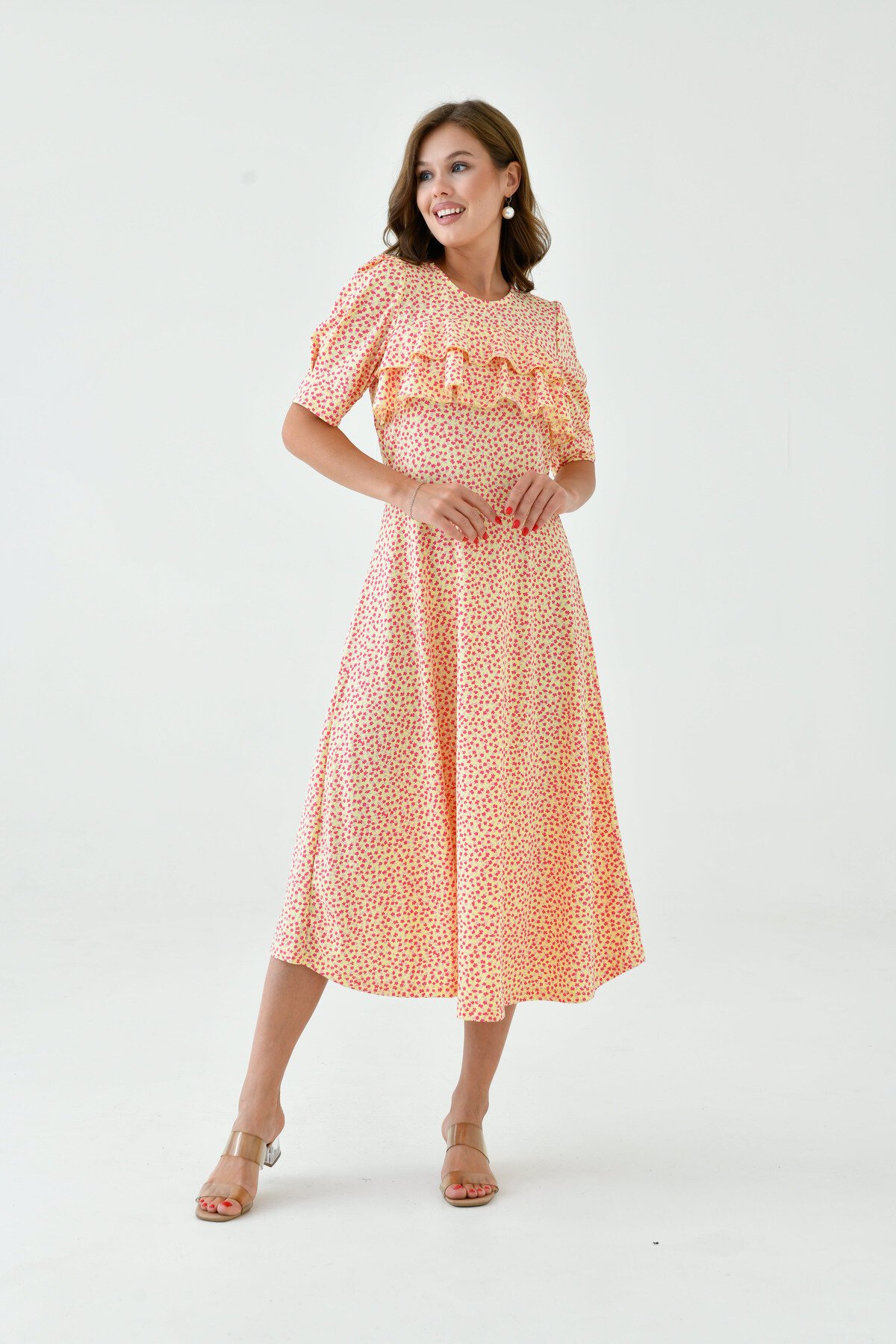 Kadın Çiçekli Kare Yaka Yarım Volanlı Kol Spor Şık Yazlık Uzun Elbise