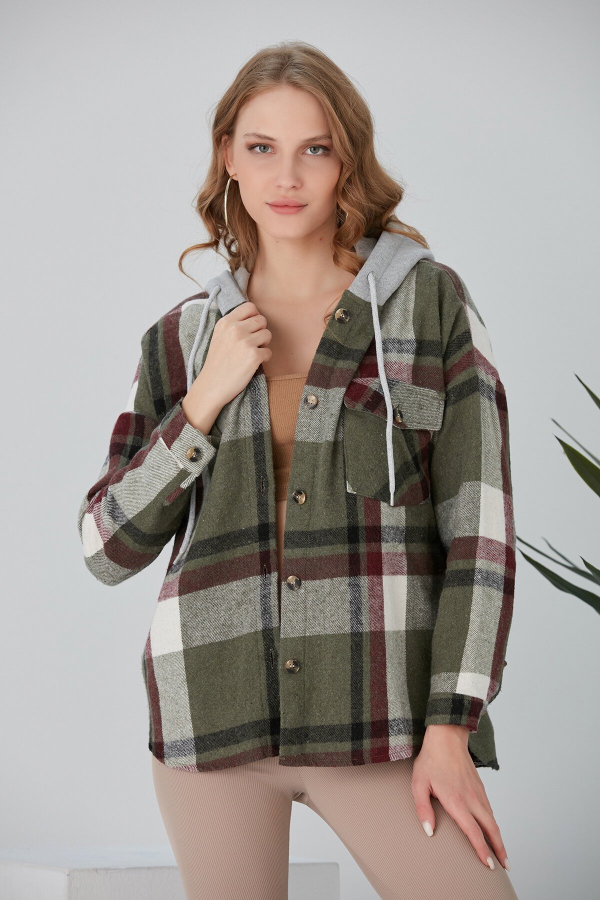 Kadın Çok Renkli Haki Oduncu Oversize Kapüşonlu Ceket Gömlek