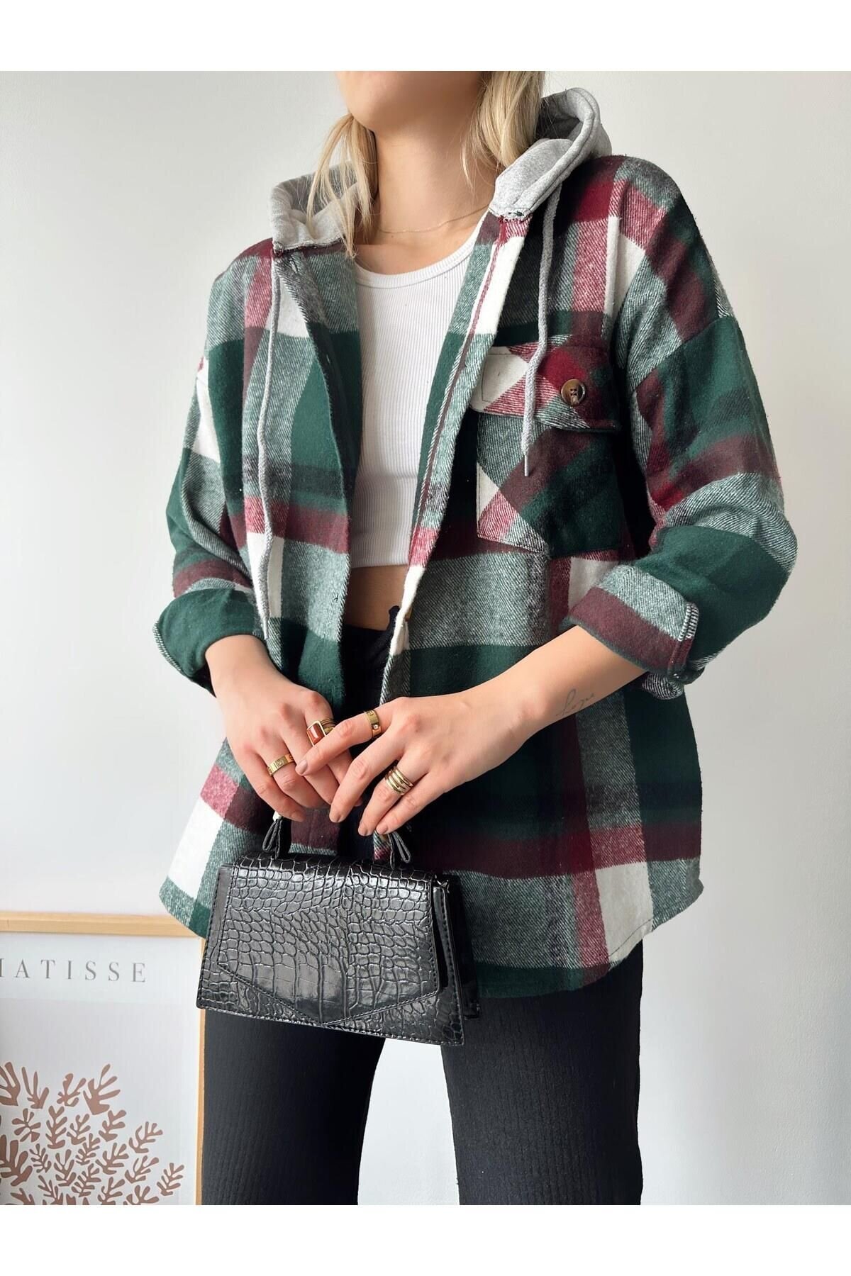 Kadın Çok Renkli Koyu Yeşil Oduncu Oversize Ceket Gömlek