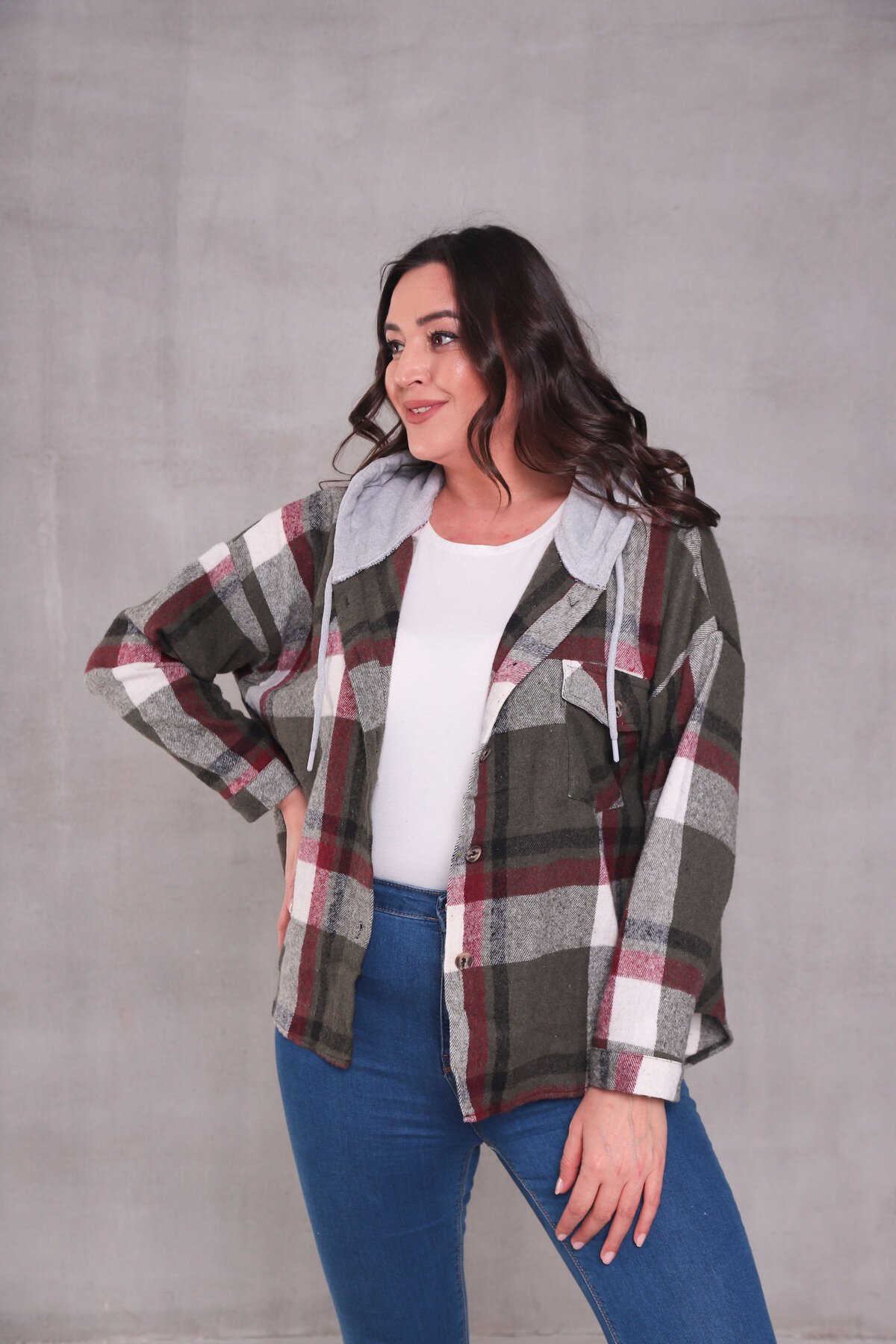 Kadın Curve Desenli Renkli Oduncu Oversize Büyük Beden Ceket Gömlek