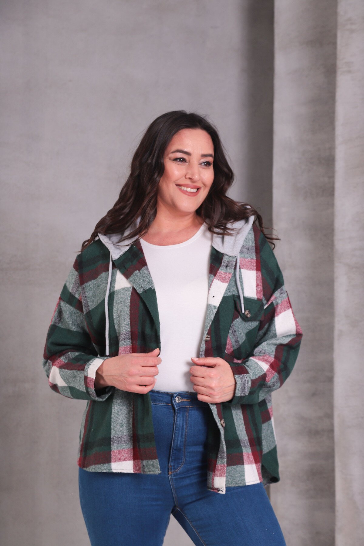 Kadın Curve Desenli Renkli Oduncu Oversize Büyük Beden Ceket Gömlek