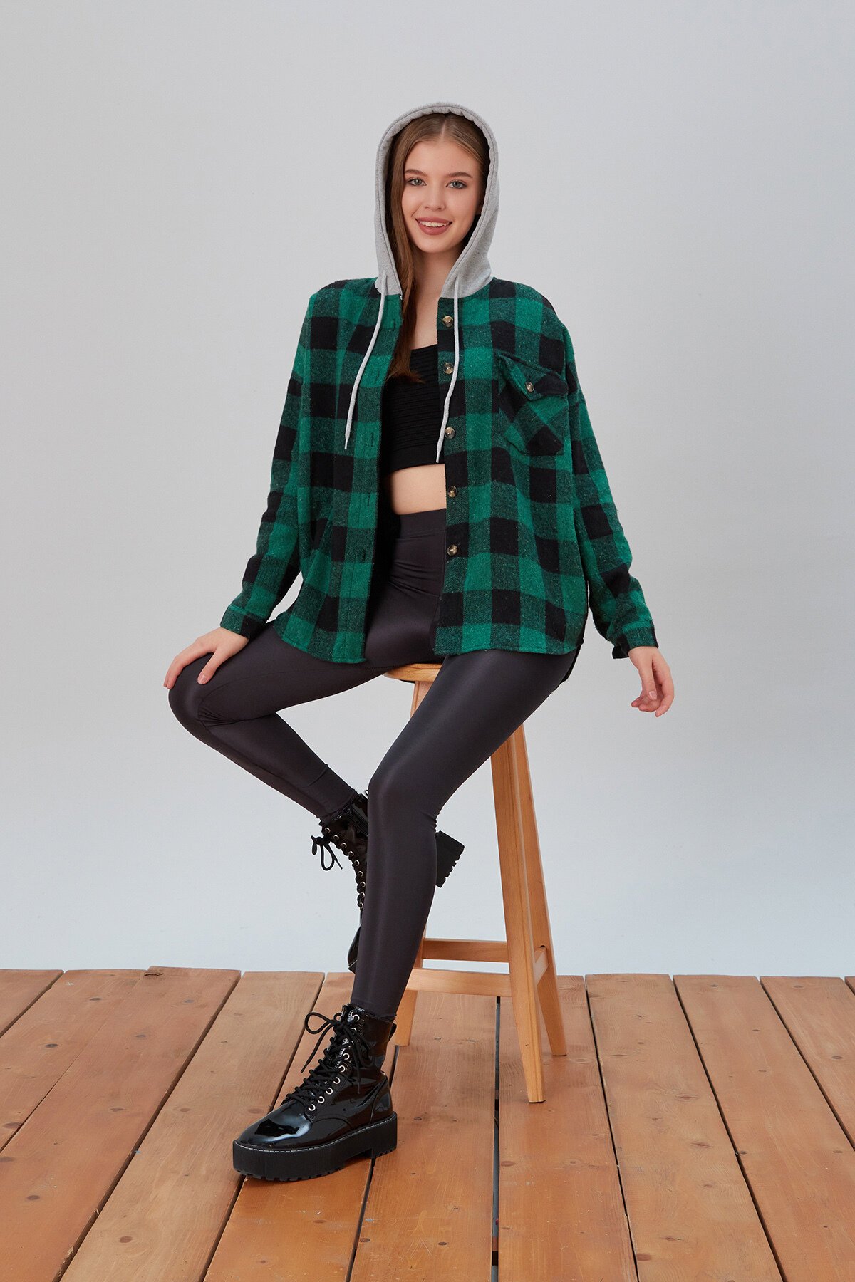 Kadın Desenli Renkli Oduncu Oversize Bol ve Geniş Kalıp Casual Çift Kapüşonlu Ceket Gömlek