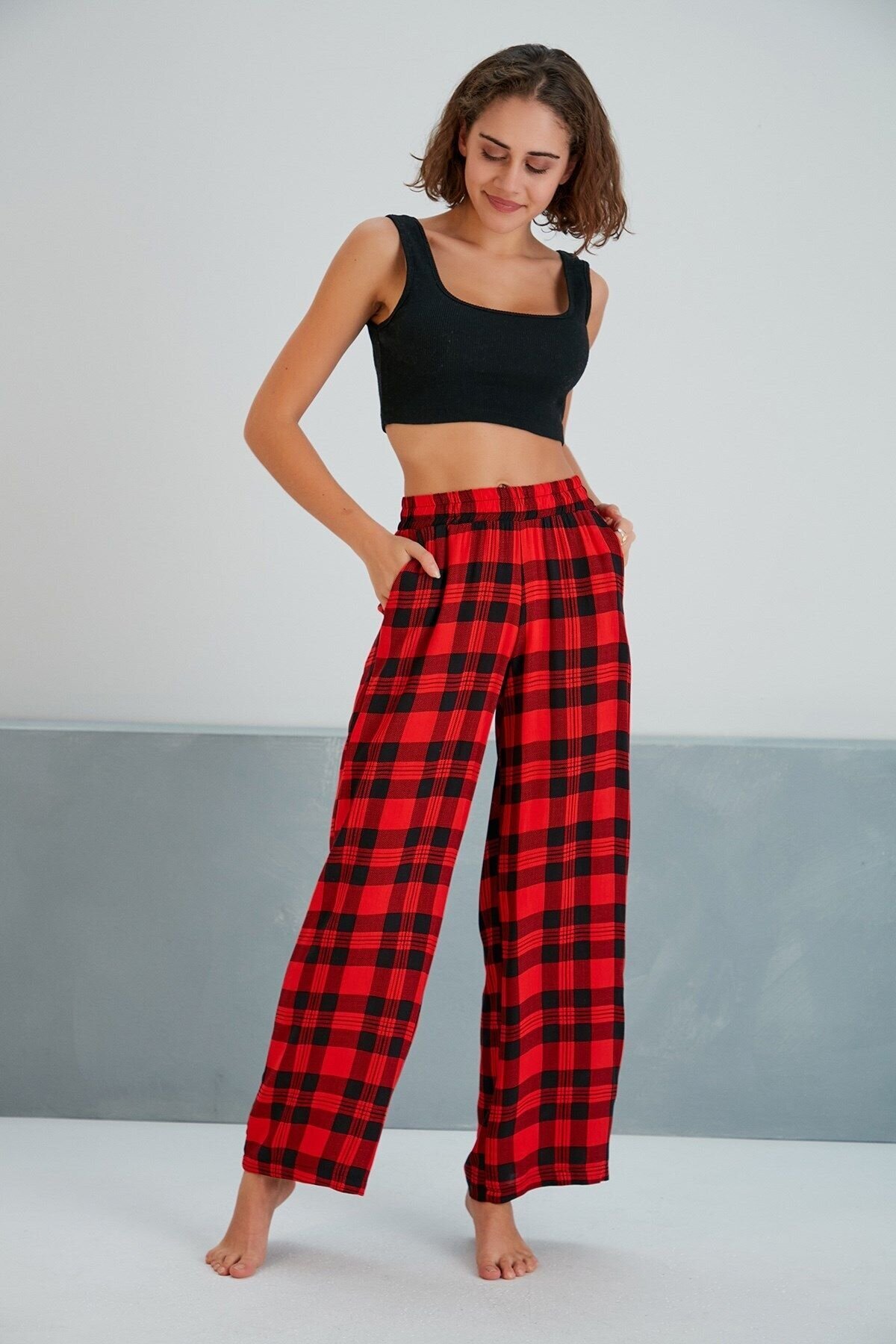 Kadın Dokuma Viskon Dama Desenli Cepli Büyük Beden Kalıp Beli Lastikli Salaş Pantolon