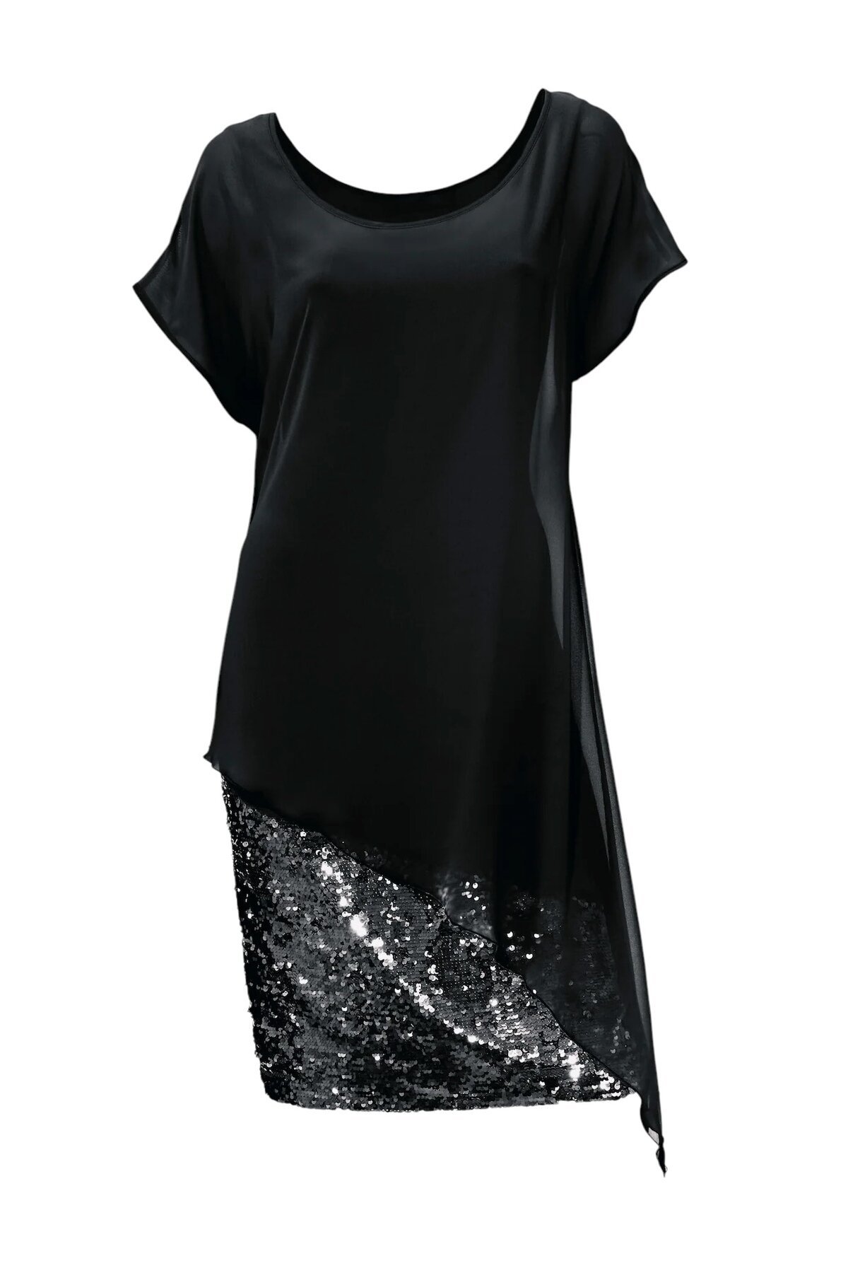 Kadın Eteği Pullu Üstü Şal Şifon Yakalı Şık Büyük Beden Yarım Kol Gece Abiye Elbise