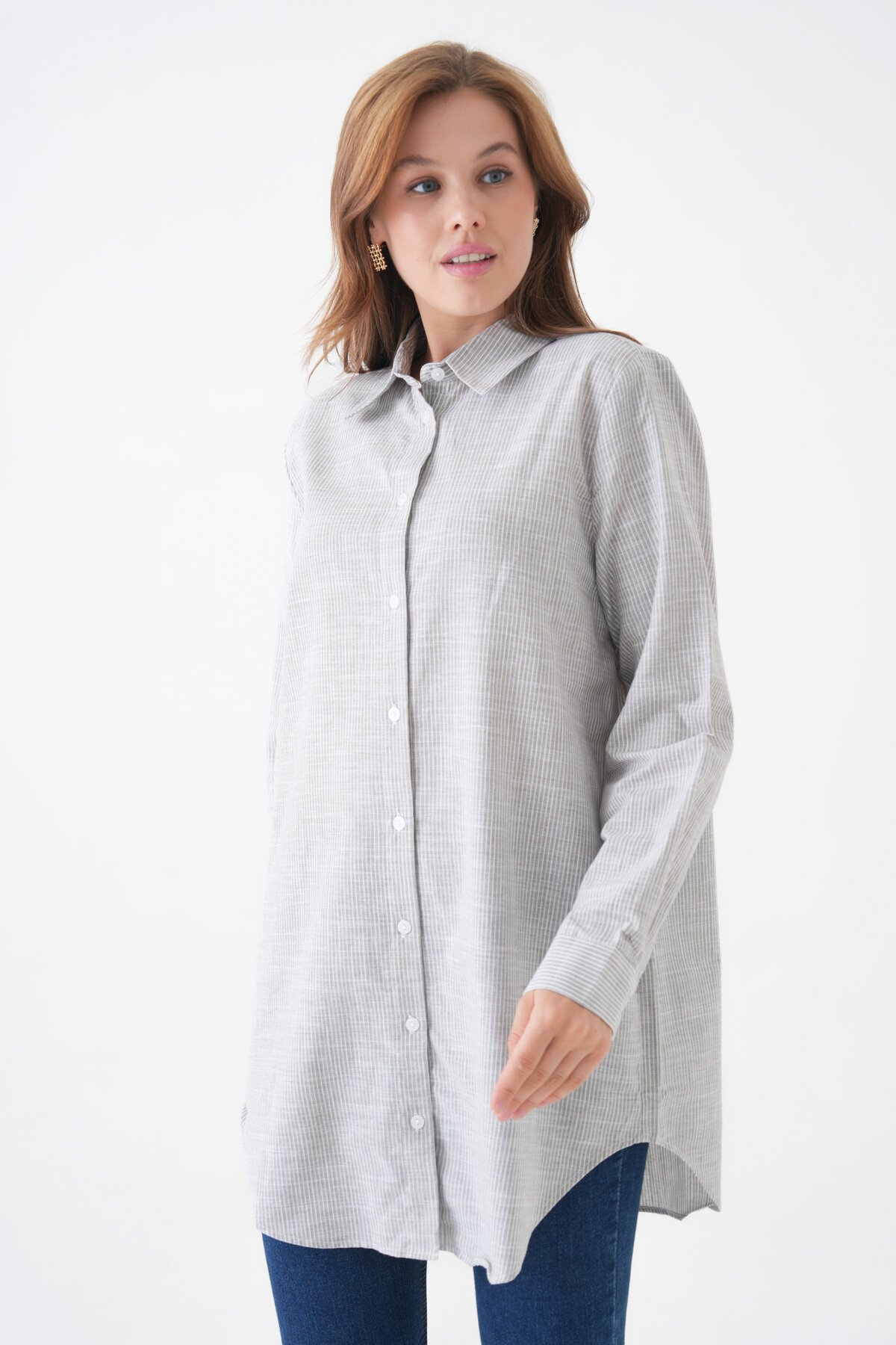 Kadın Gömlek Yaka Düğmeli Uzun Kol Tunik Boy Rahat Çizgili Curve Büyük Beden Tesettüre Uygun Gömlek