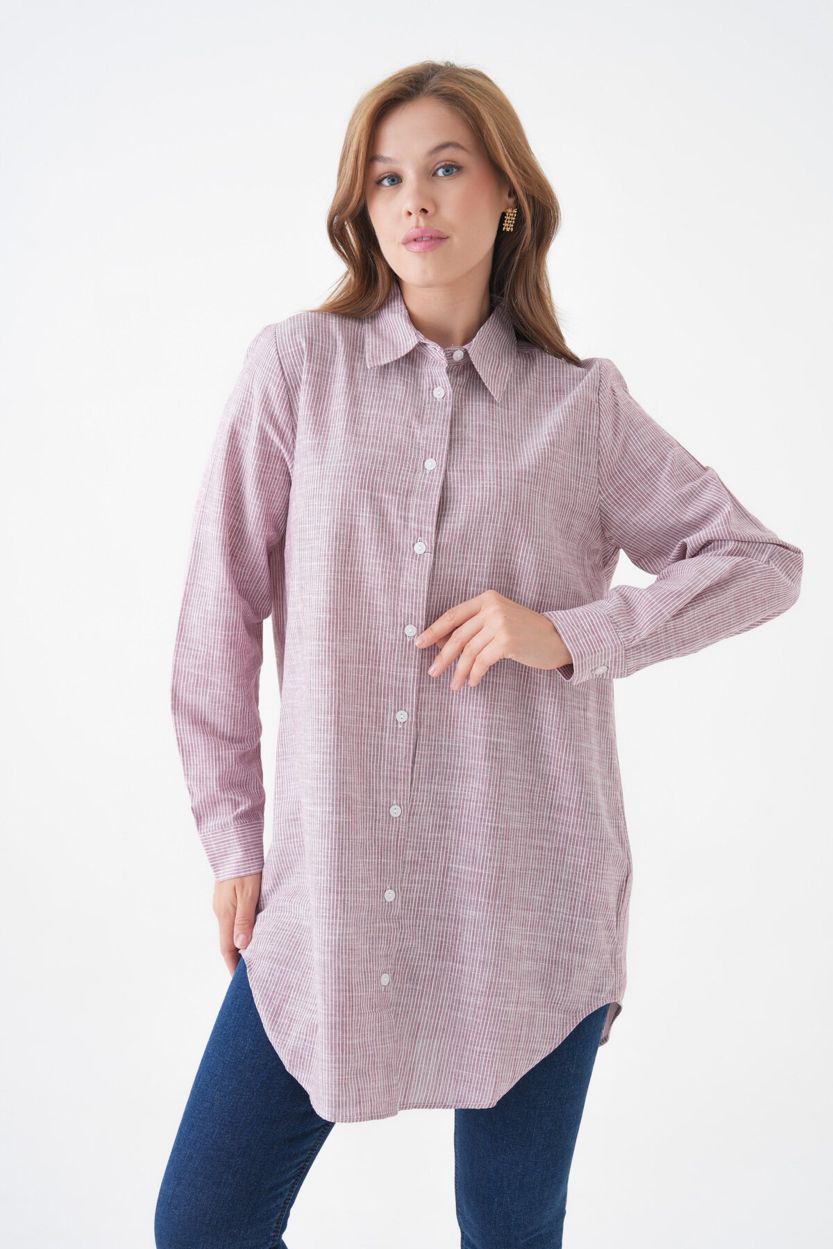 Kadın Gömlek Yaka Düğmeli Uzun Kol Tunik Boy Rahat Çizgili Curve Büyük Beden Tesettüre Uygun Gömlek