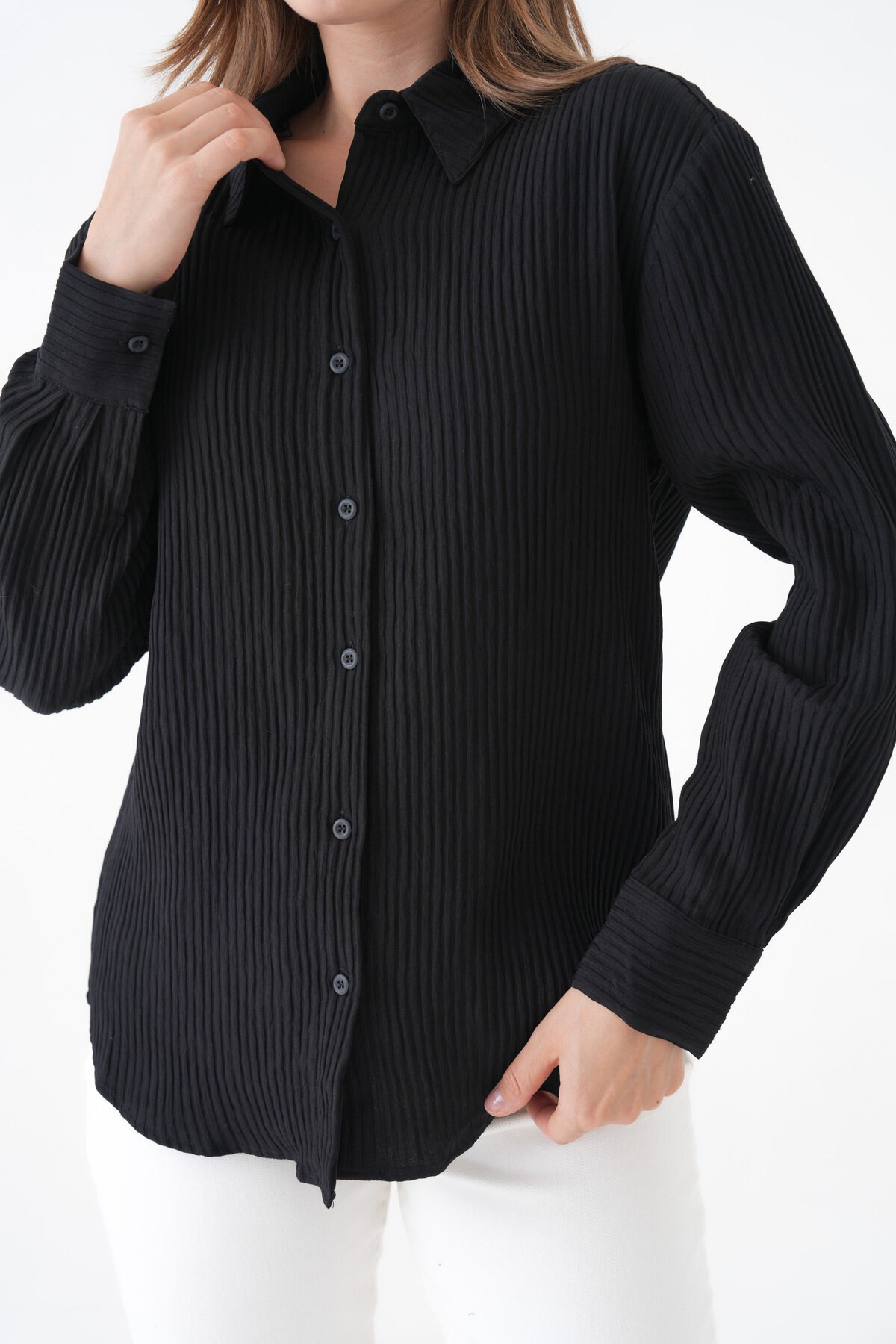 Kadın Gömlek Yaka Önü Düğmeli Düz Uzun Kol Rahat Kalıp Curve Büyük Bedeb Yazlık Gömlek