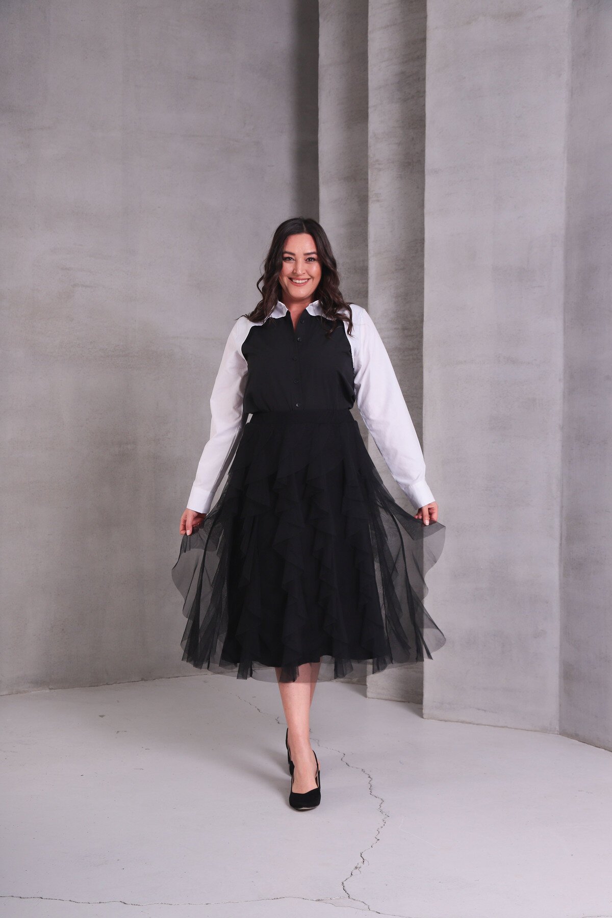 Kadın Katlı Tasarım Yüksek Bel Beli Lastikli Spor Şık Curve Büyük Beden Tül Etek