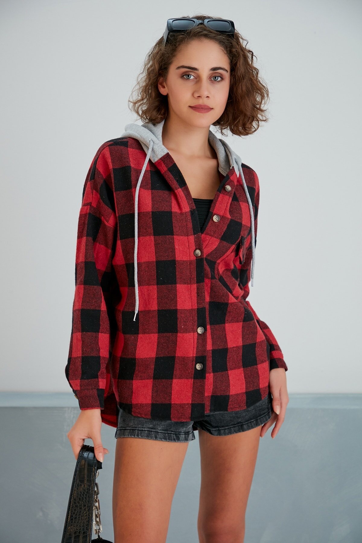 Kadın Kırmızı Siyah Oduncu Oversize Ceket Gömlek