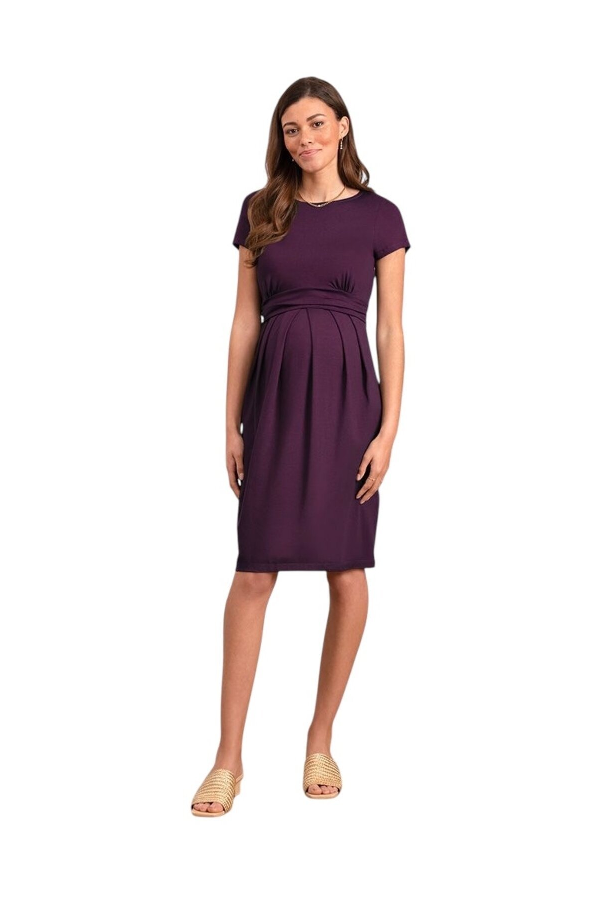 Kadın Kısa Kol Emzirme Detaylı Tesettüre Uygun Viskon Rahat Şık Midi Curve Hamile Elbisesi
