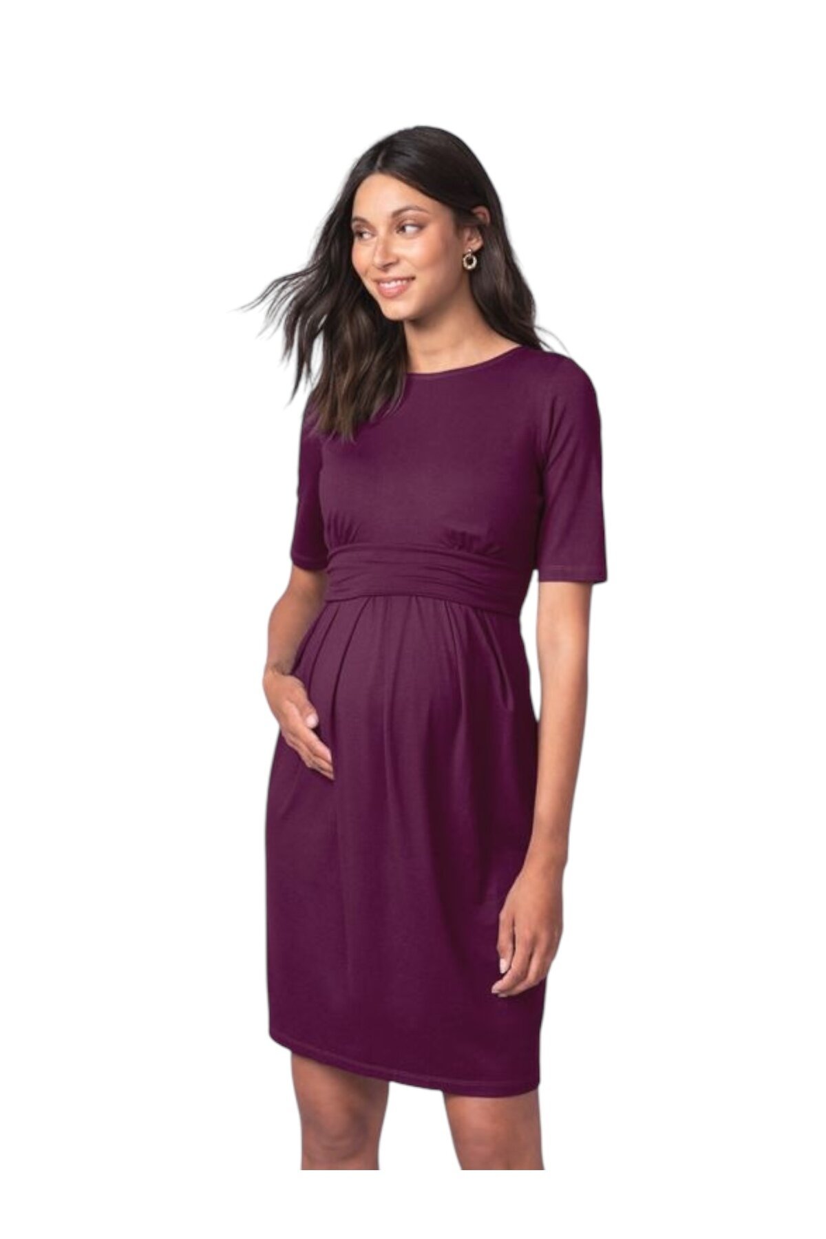 Kadın Kısa Kol Emzirme Detaylı Tesettüre Uygun Viskon Rahat Şık Midi Hamile Elbisesi
