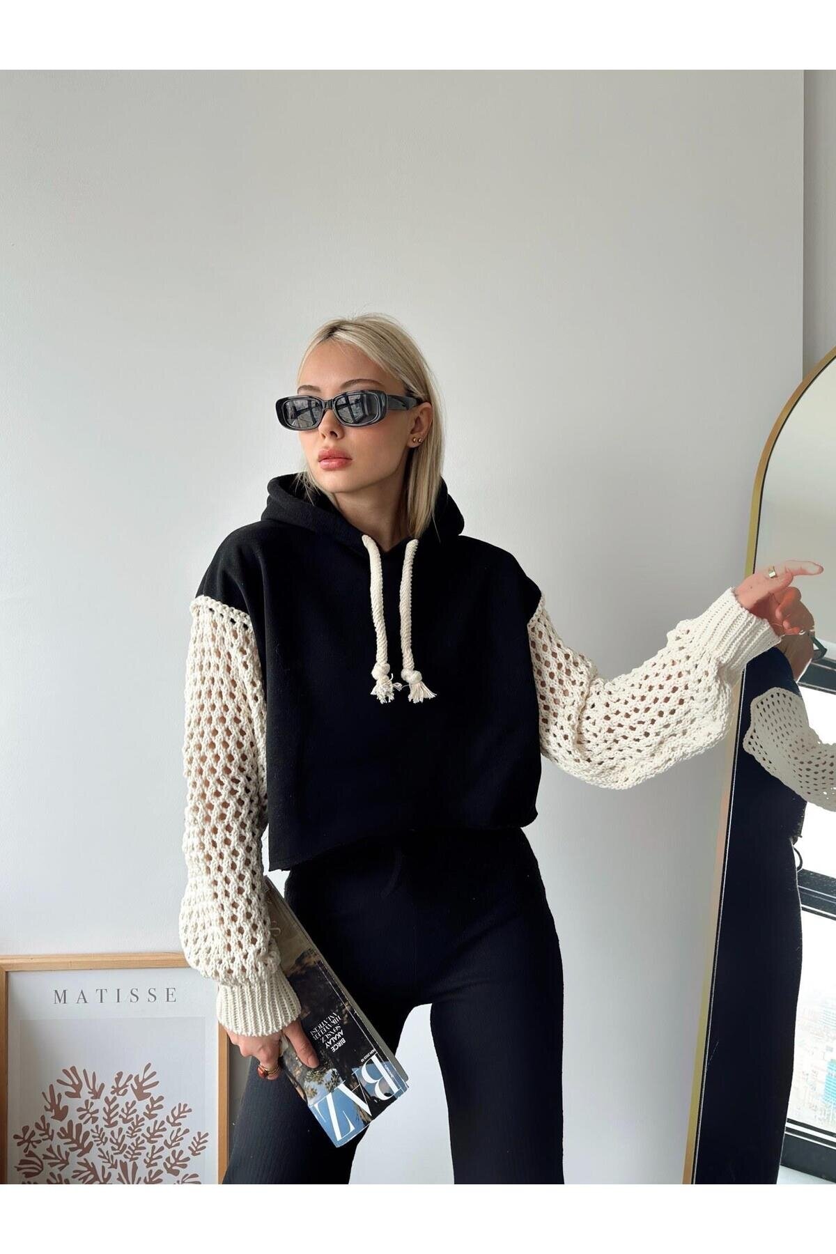 Kadın Kolları Örgü Triko Süper Şık Tasarım Oversize Crop Boy Siyah Sweatshirt