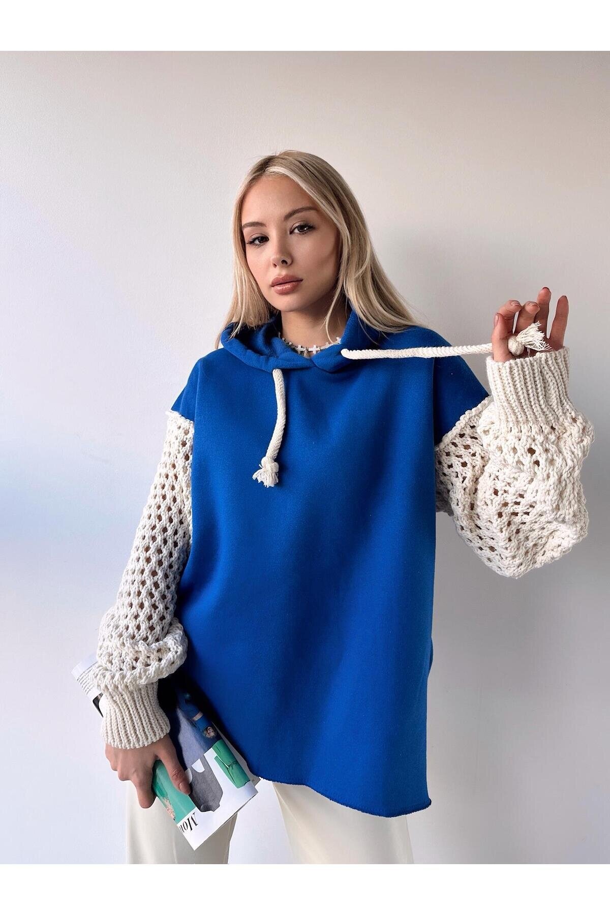 Kadın Kolları Triko Oversize Curve Tasarım Saks Mavi Sweatshirt