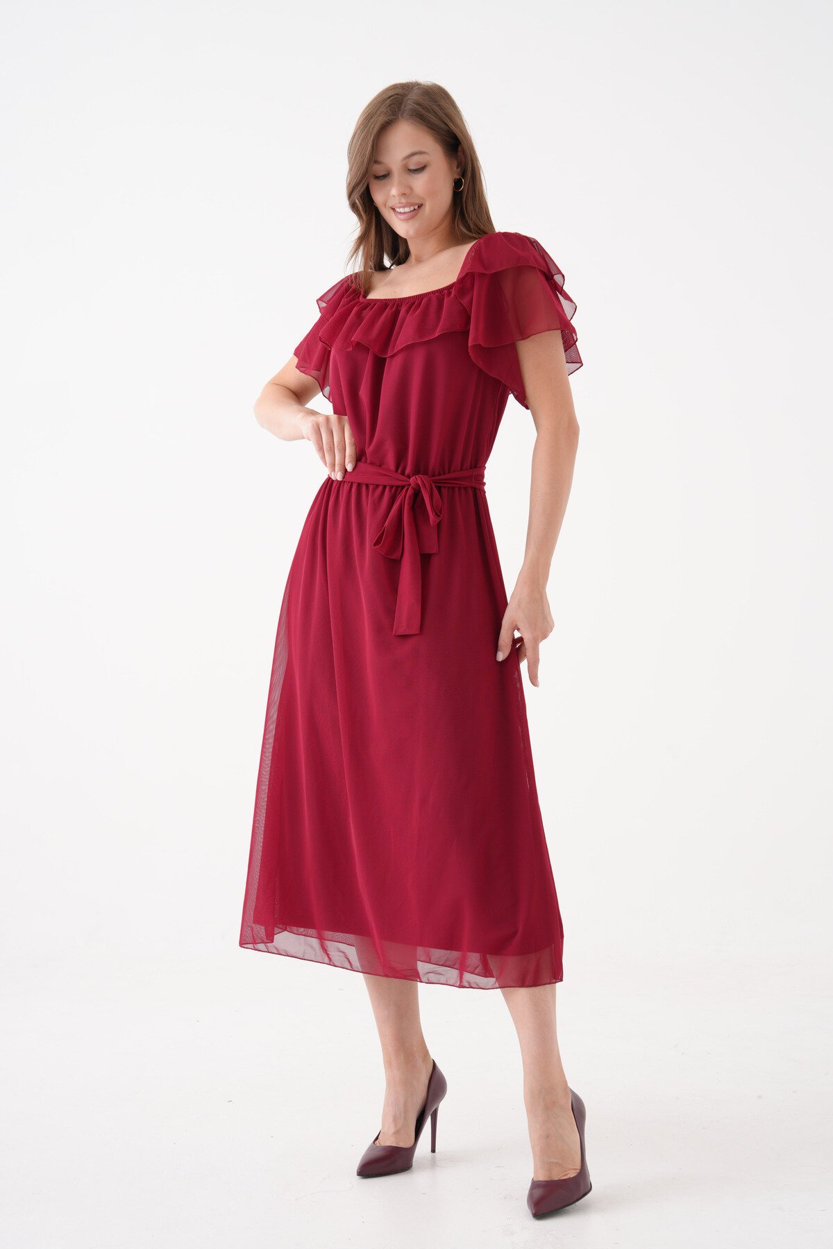 Kadın Madonna Yaka Kayık Omuz Midi Şık Büyük Beden Curve Astarlı Kuşaklı Şifon Elbise