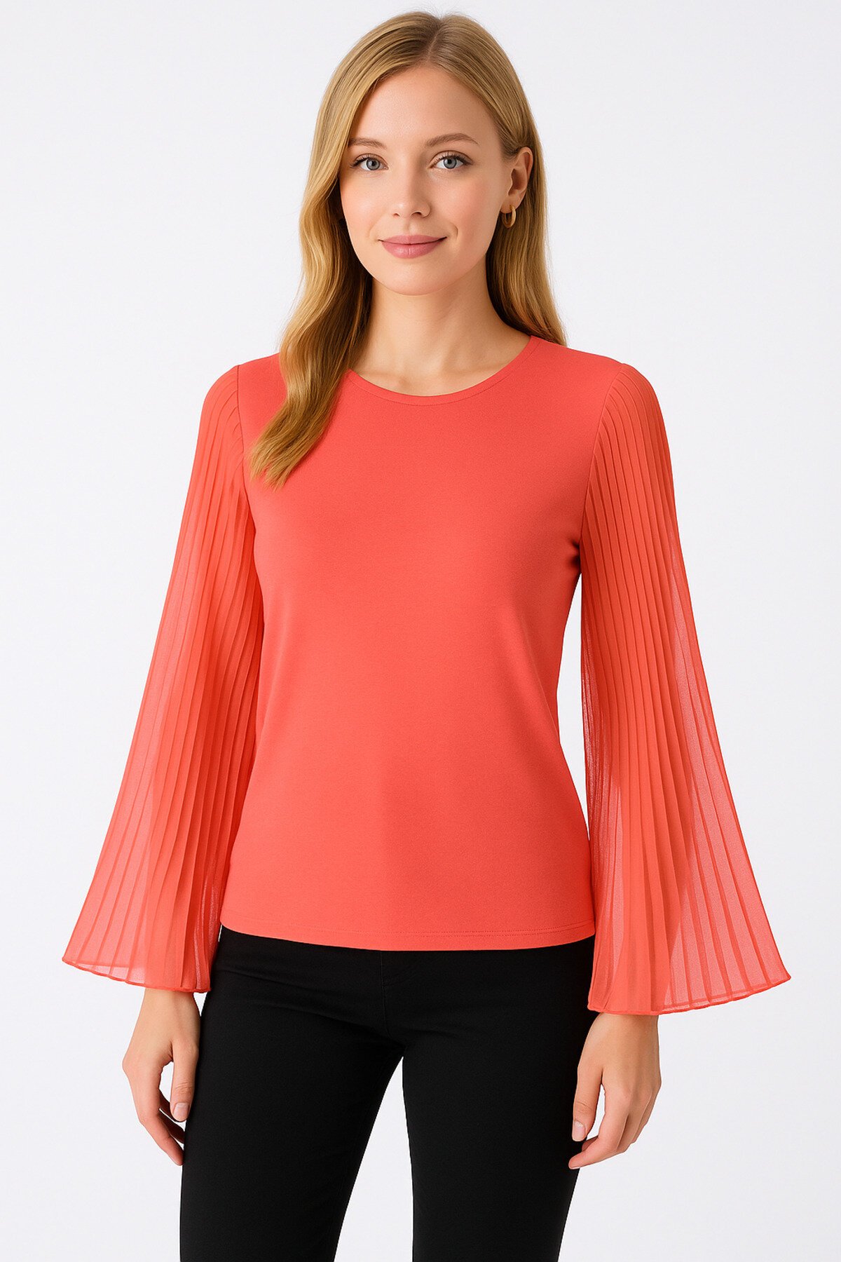 Kadın Nar Çiçeği Turuncu Kolları Tül Detaylı Büyük Beden Şık Bluz