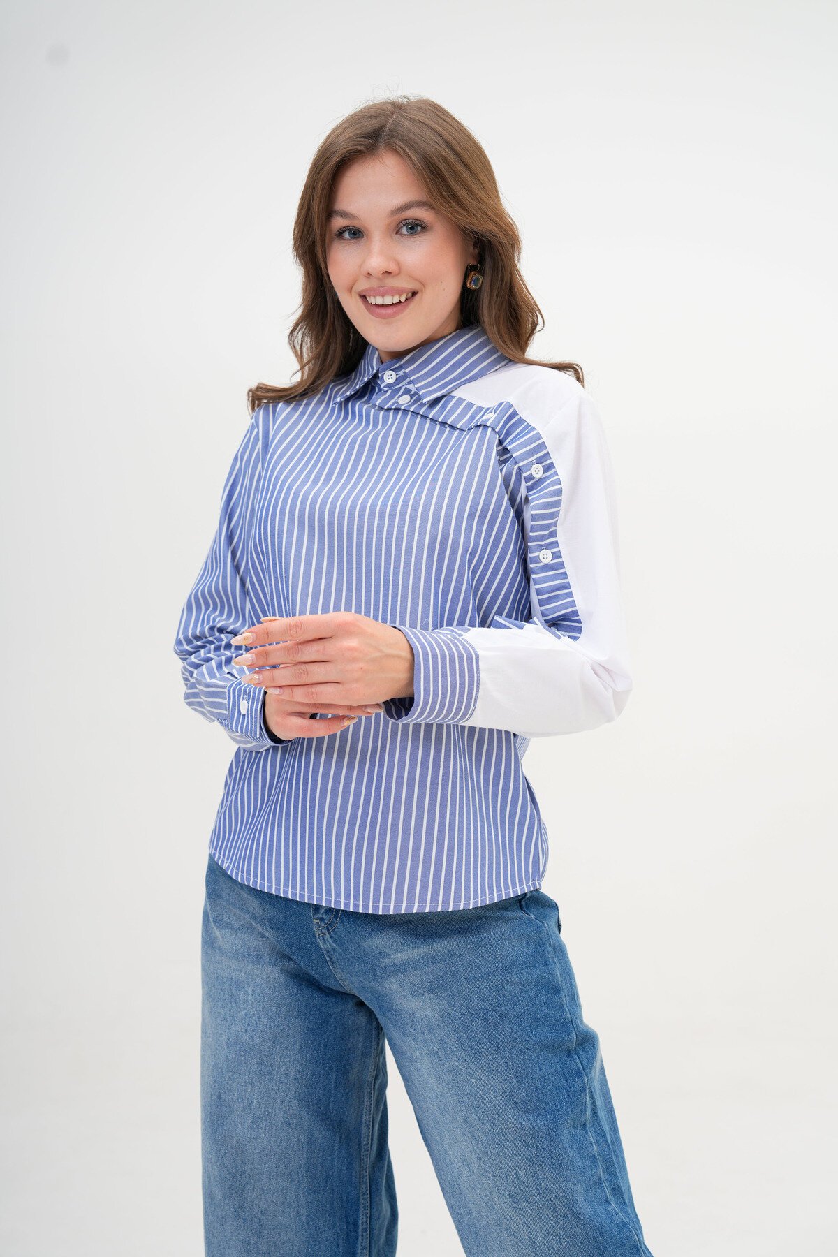 Kadın Özel Tasarım Yaka Kol Düğmeli Çizgi Garnili Bluz Boy  Pamuk Gömlek
