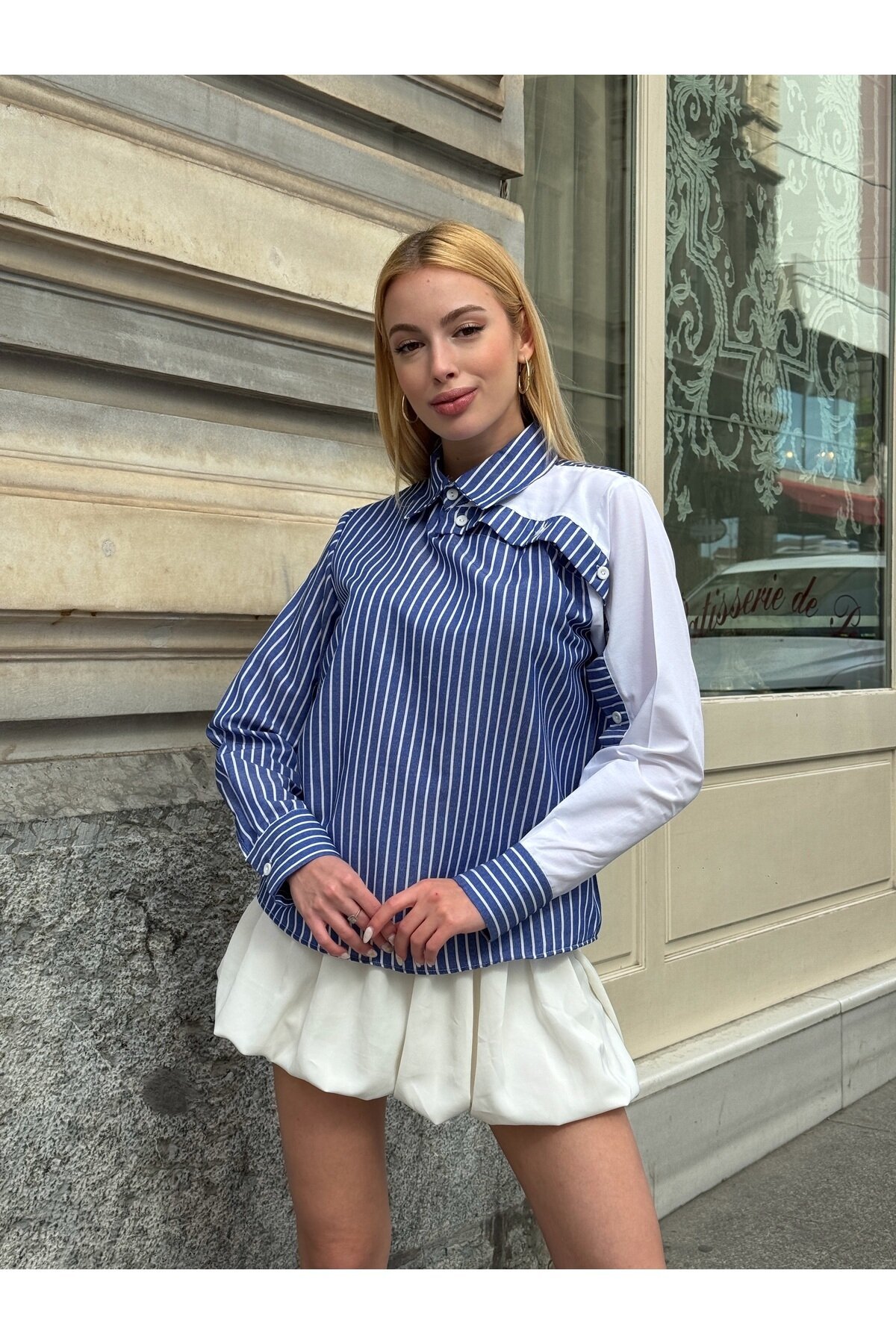 Kadın Özel Tasarım Yaka Kol Düğmeli Çizgili Garnili Bluz Boy Pamuk Curve Şık Gömlek