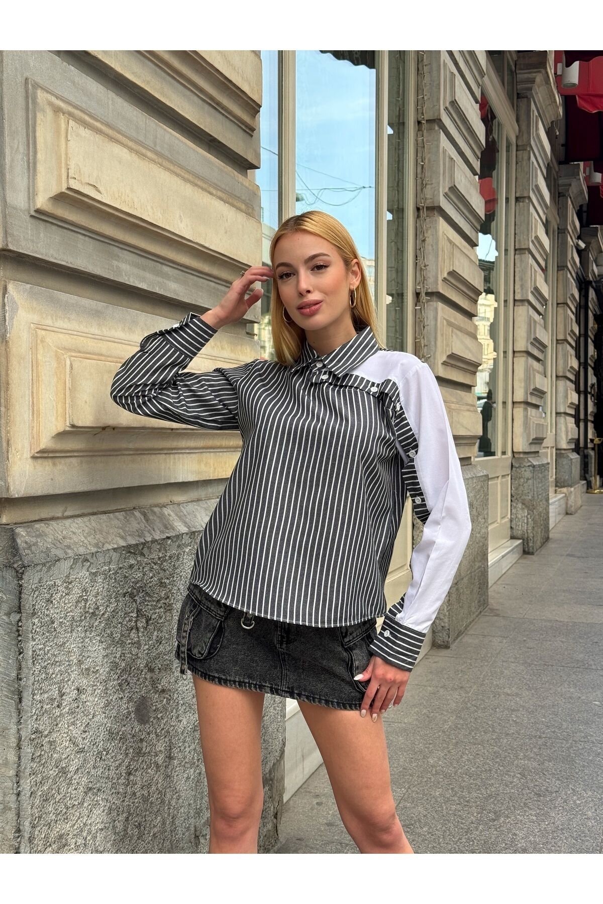 Kadın Özel Tasarım Yaka Kol Düğmeli Çizgili Garnili Bluz Boy Pamuk Curve Şık Gömlek