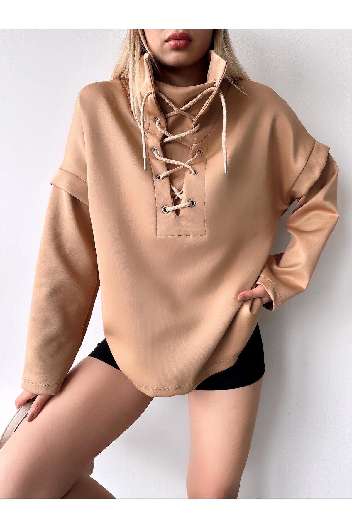 Kadın Tasarım Bağcıklı Yaka Super Şık Trend Scuba Sweatshirt