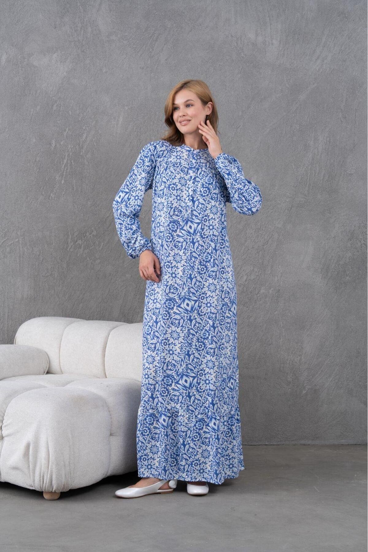 Kadın Tesettüre Uygun Desenli Uzun Kol Beli Bağcıklı Maxi Boy Rahat Büyük Beden Şık Pamuk Elbise