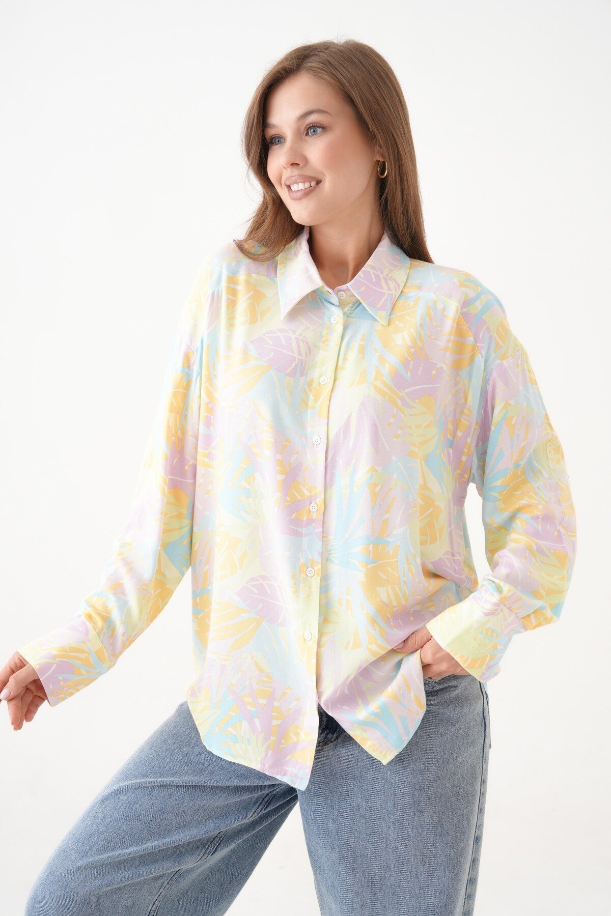 Kadın Tesettüre Uygun Desenli Uzun Kol Pamuk Şık Büyük Beden Desenli Curve Rahat Gömlek