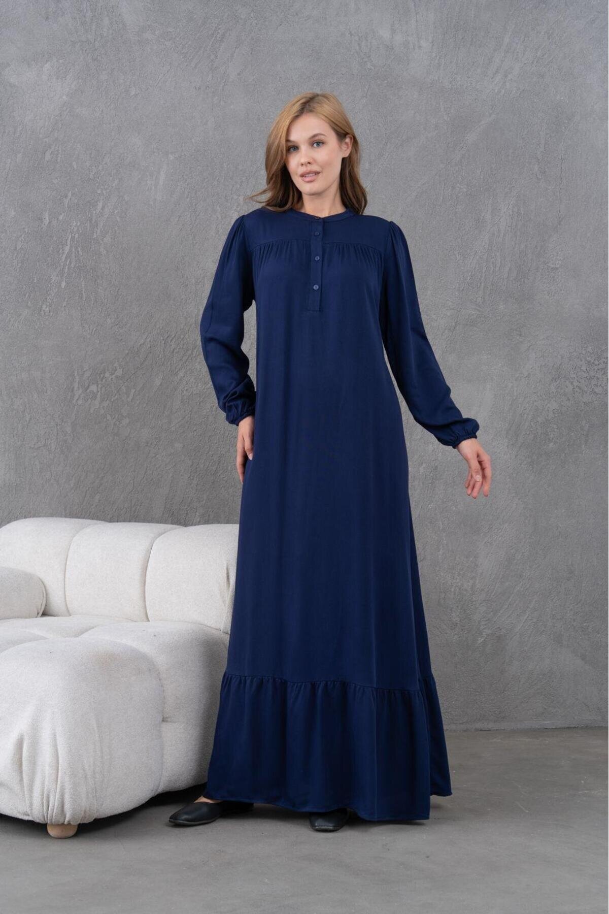 Kadın Tesettüre Uygun Uzun Kol Beli Bağcıklı Maxi Boy Rahat Büyük Beden Şık Pamuk Elbise