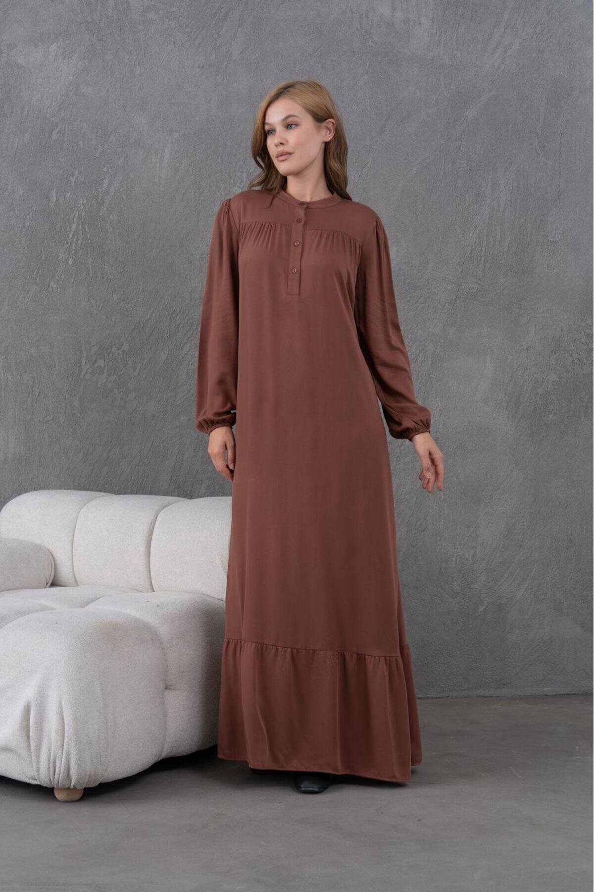 Kadın Tesettüre Uygun Uzun Kol Beli Bağcıklı Maxi Boy Rahat Büyük Beden Şık Pamuk Elbise