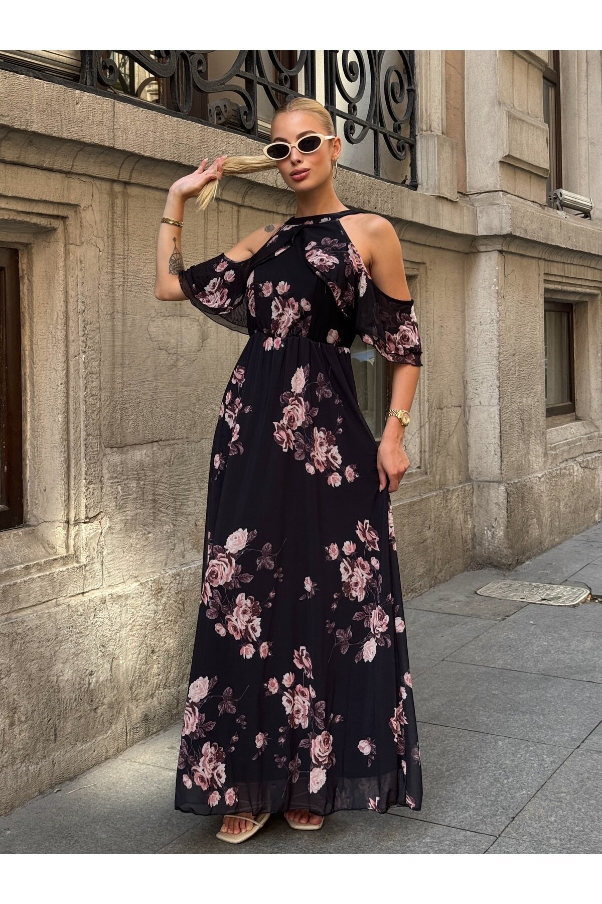 Kadın Tül Detaylı Omzu Açık Şık Rahat Kalıp Büyük Beden Abiye Elbise