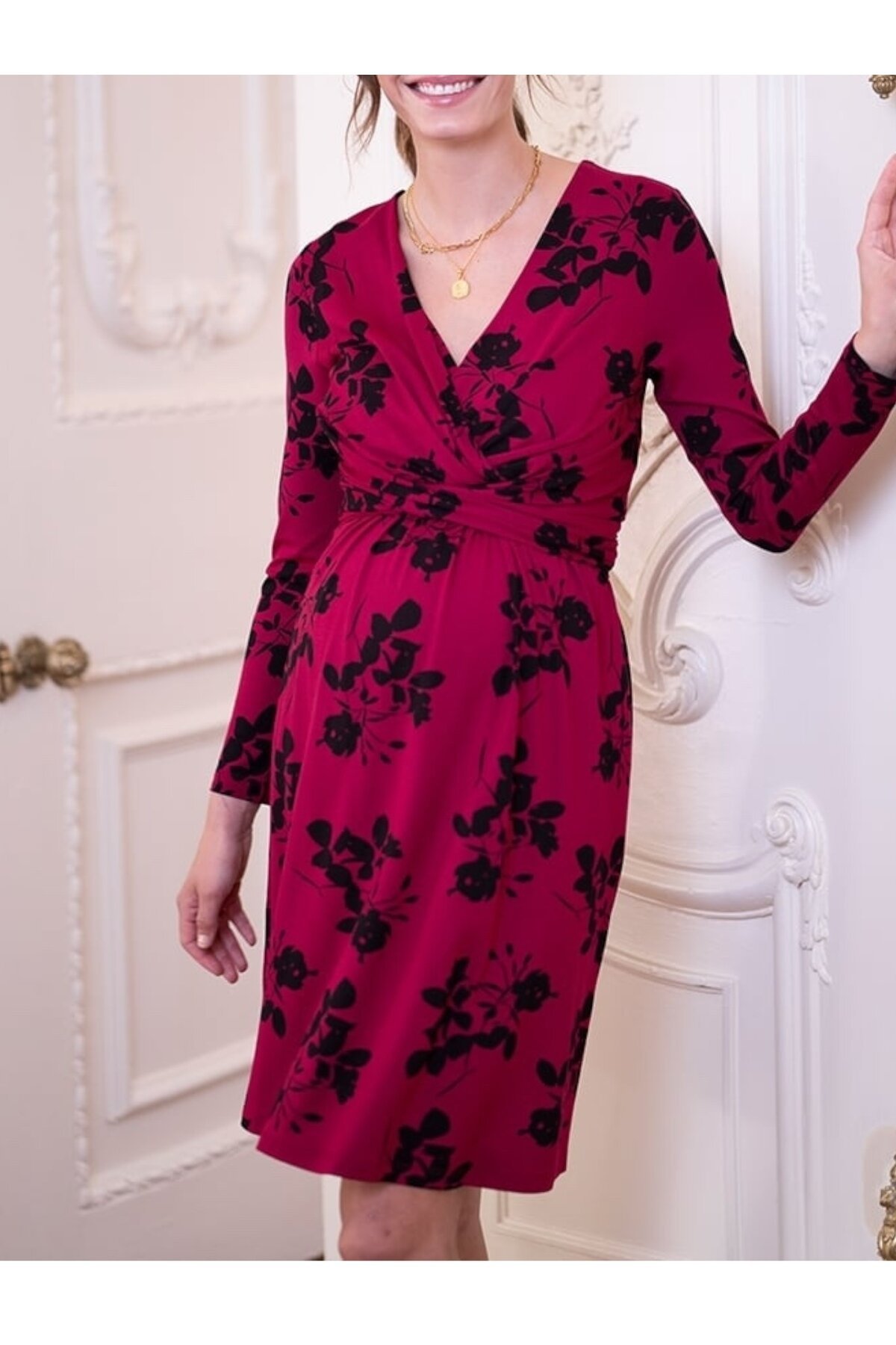 Kadın Uzun Kol Emzirme Detaylı Tesettüre Uygun Çiçek Desenli Viskon Rahat Şık Midi Hamile Elbisesi