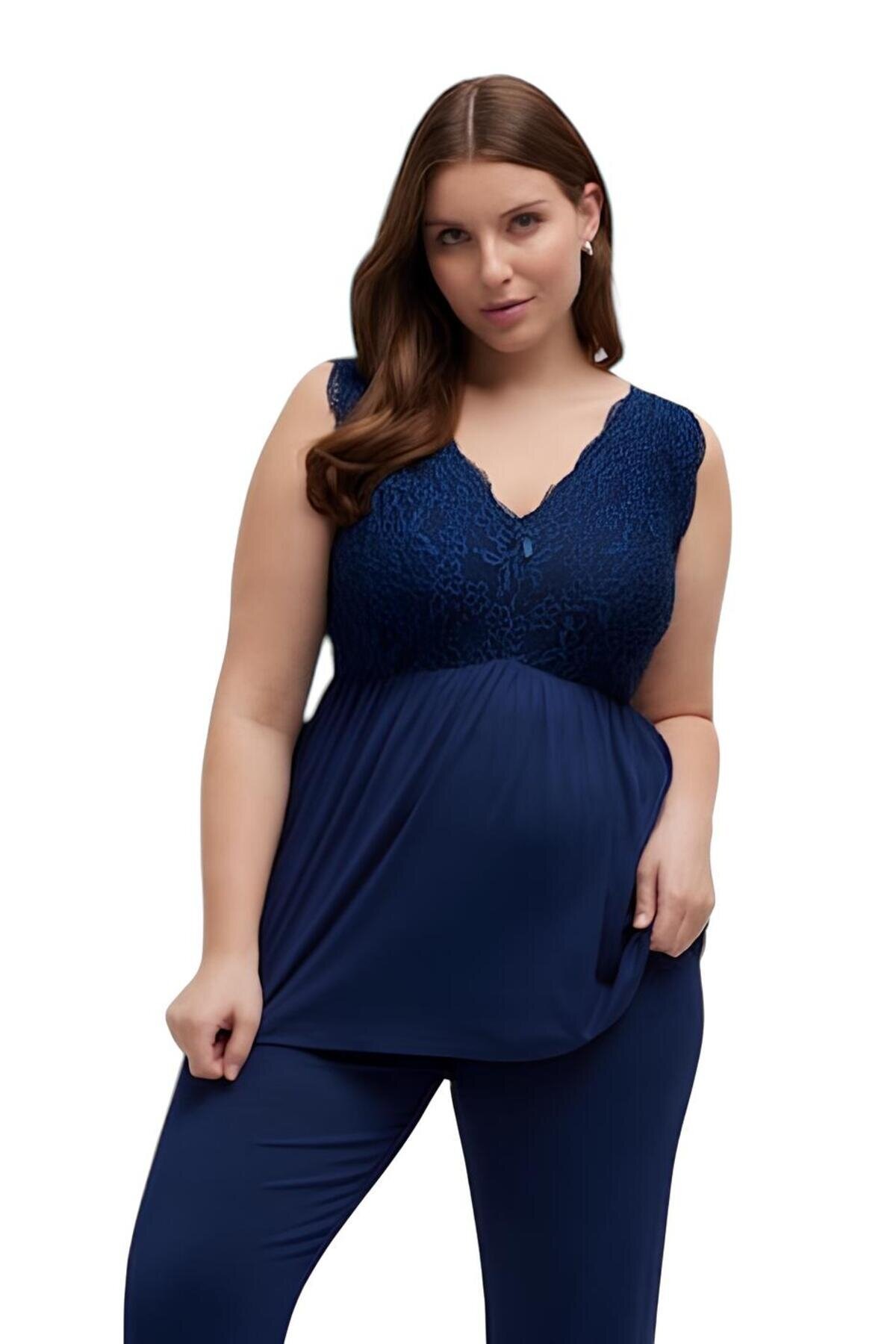 Kadın V Yaka Dantel Detay Askılı Şık Büyük Beden Curve Viskon Gecelik Bluz