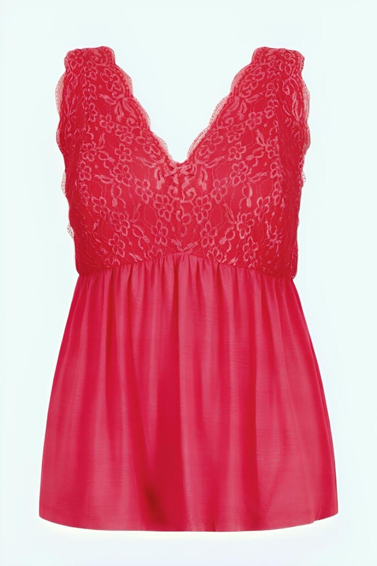 Kadın V Yaka Dantel Detay Askılı Şık Büyük Beden Curve Viskon Gecelik Bluz