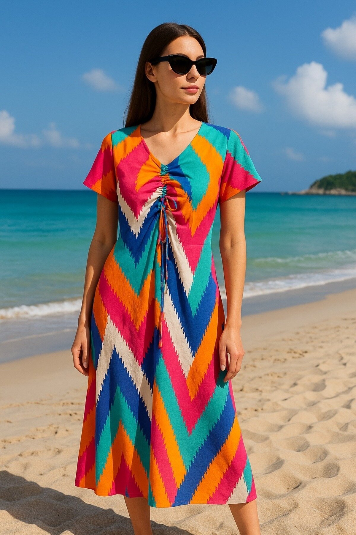 Kadın V Yaka Önden Büzgülü Yarım Kol %100 Viskoz Desenli Spor Şık Büyük Beden Curve Yazlık Elbise