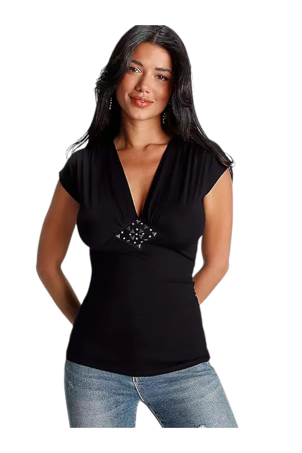 Kadın V Yaka Önü Taşlı Spor Şık Gece Gündüz Siyah Basic Bluz
