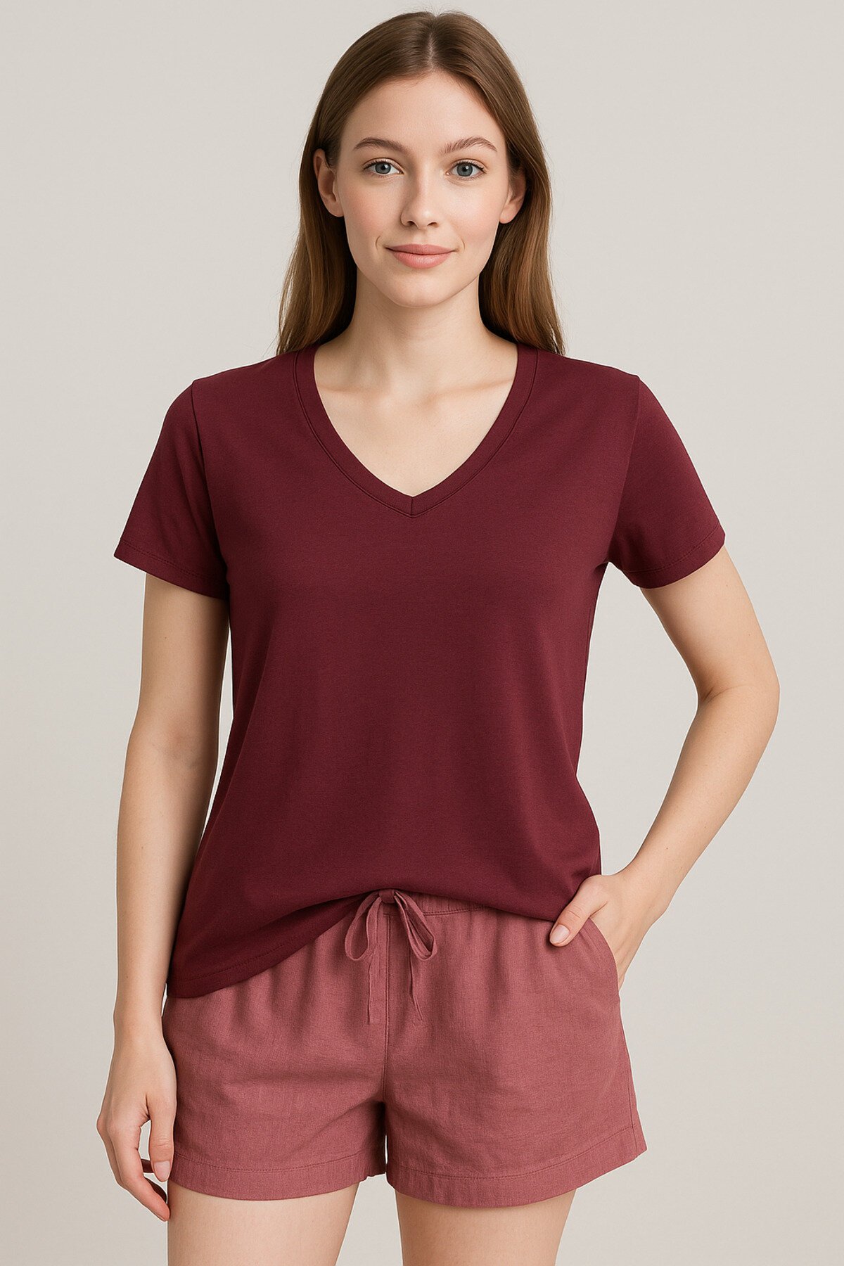 Kadın V Yaka Yarım Kol Basic Günlük Pamuk Düz Yazlık Tshirt Rahat Bluz