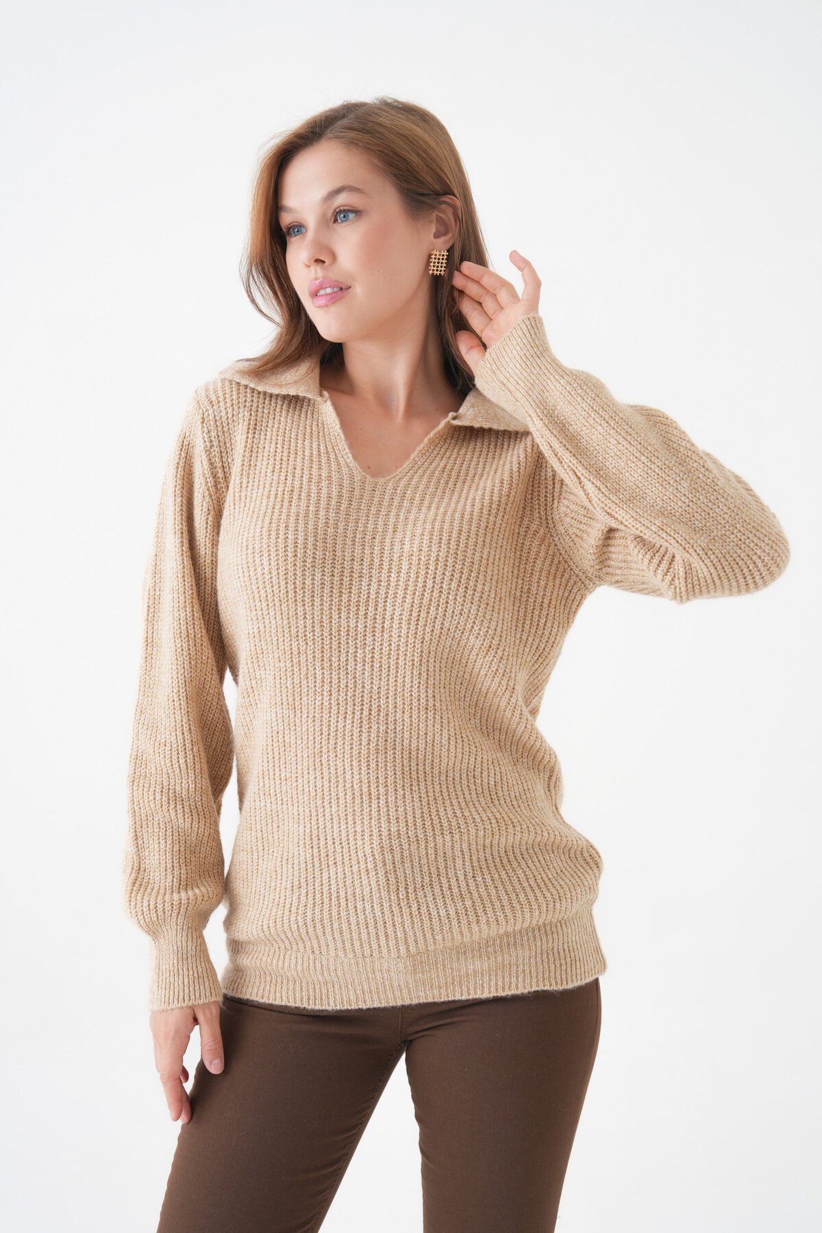 Kadın V Yakalı Basic Uzun Kol Rahat Kalıp Spor Şık Kazak