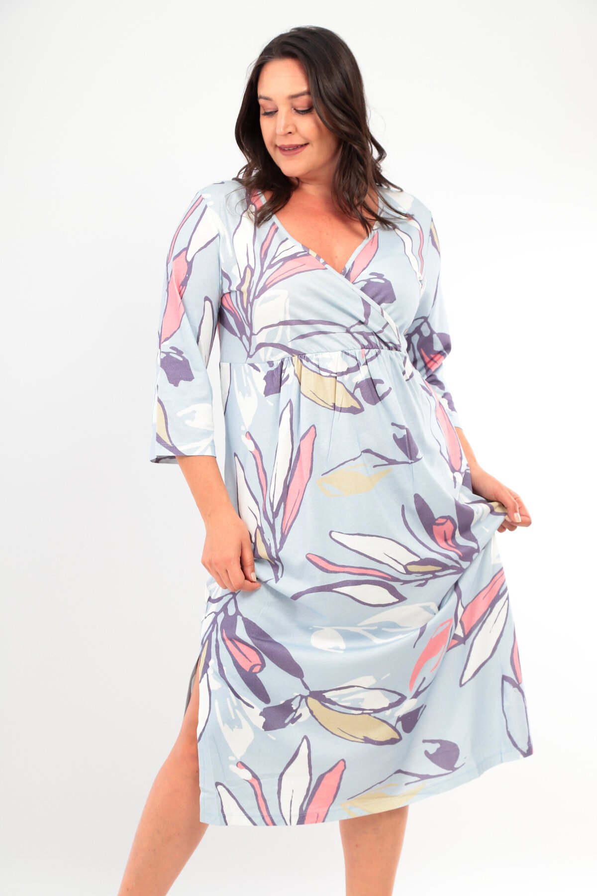 Kadın Viskon Kruvaze Yaka Truvakar Kol Büyük Beden Curve Gecelik Elbise