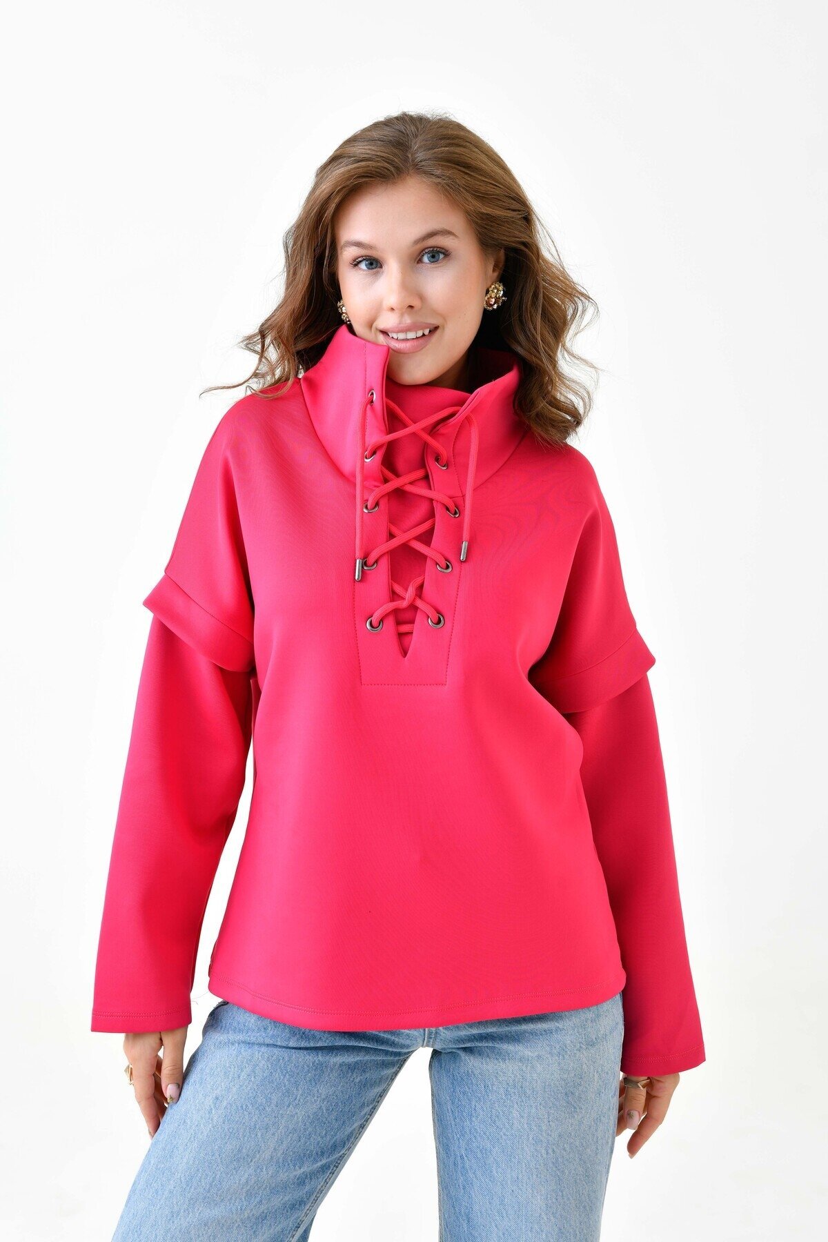 Kadın Yakası Bağcıklı Scuba Oversize Spor Şık Tasarım Sweatshirt