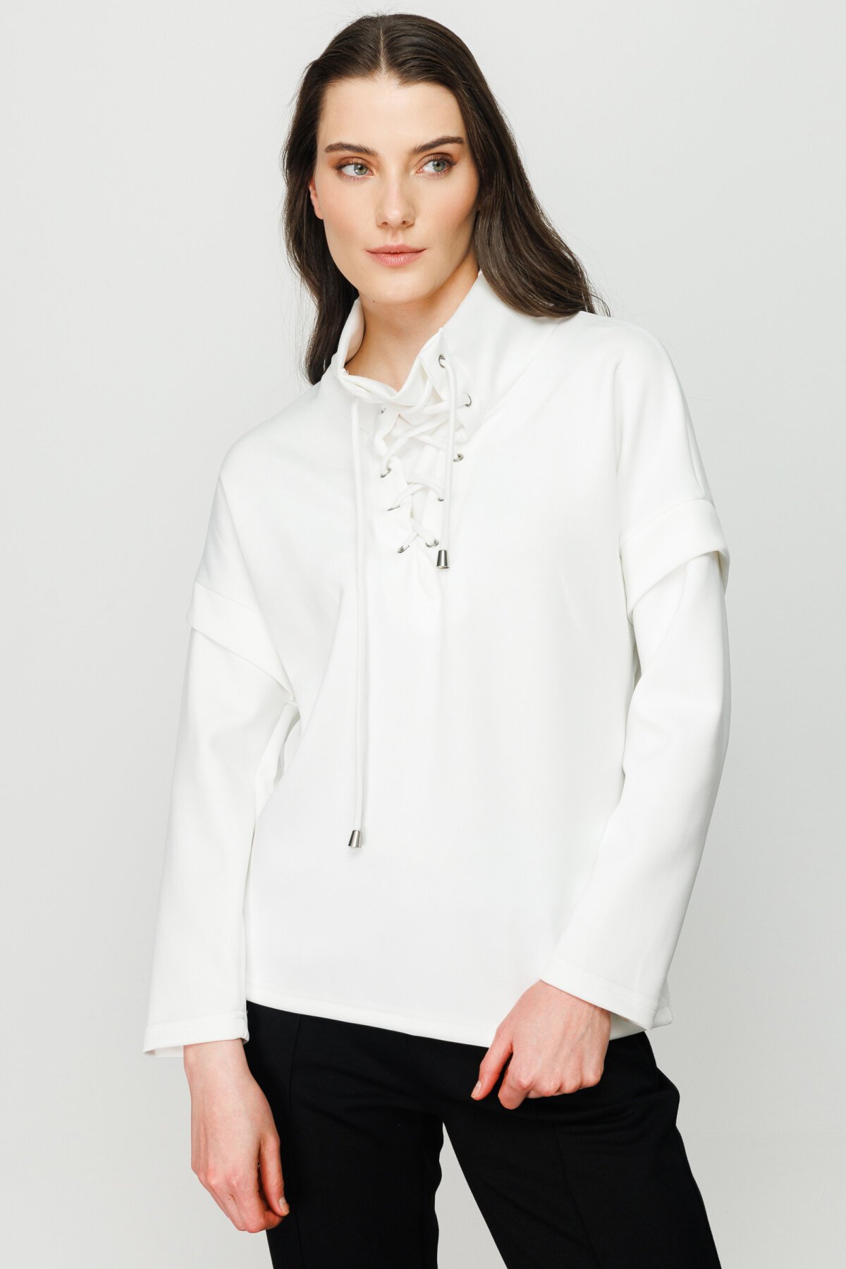 Kadın Yakası Bağcıklı Scuba Oversize Spor Şık Tasarım Sweatshirt