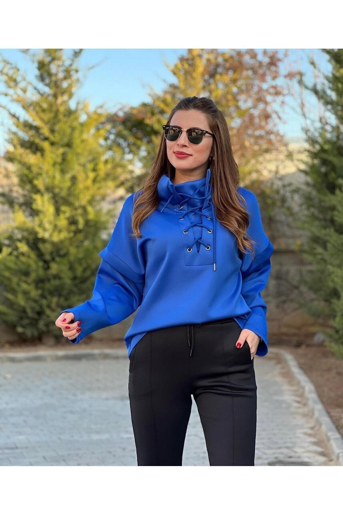 Kadın Yakası Bağcıklı Scuba Oversize Spor Şık Tasarım Sweatshirt