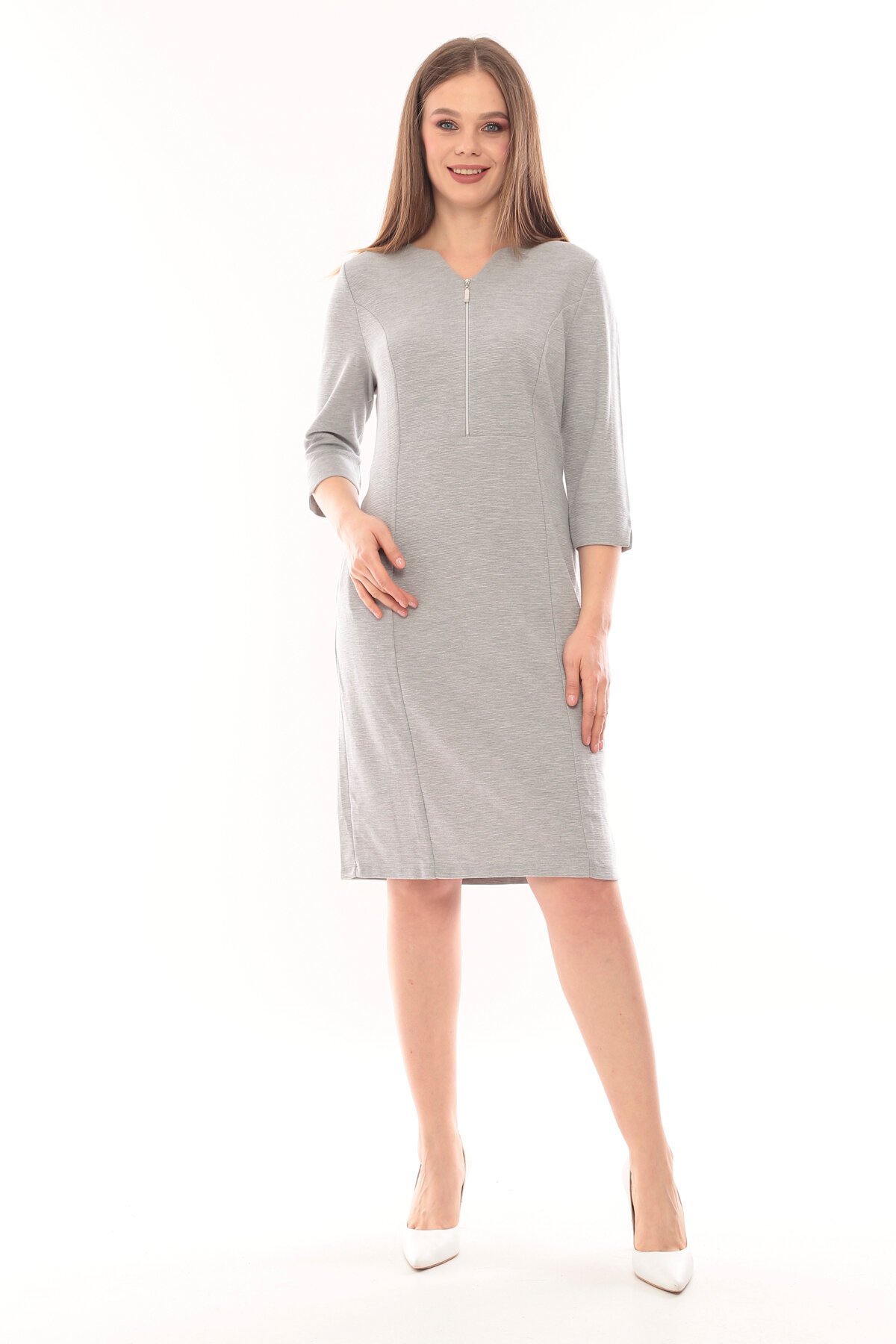 Kadın Yakası Yarım Fermuarlı Truvakar Kol Büyük Beden Curve Günlük Elbise
