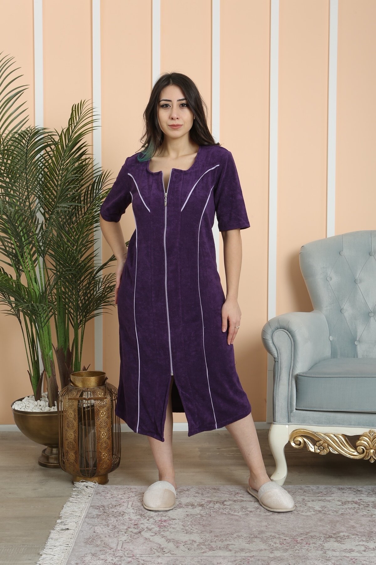 Kadın Yarım Kısa Kol Fermuarlı U Yaka Rahat Kalıp Büyük Beden Curve Ev Plaj Midi Havlu Elbise