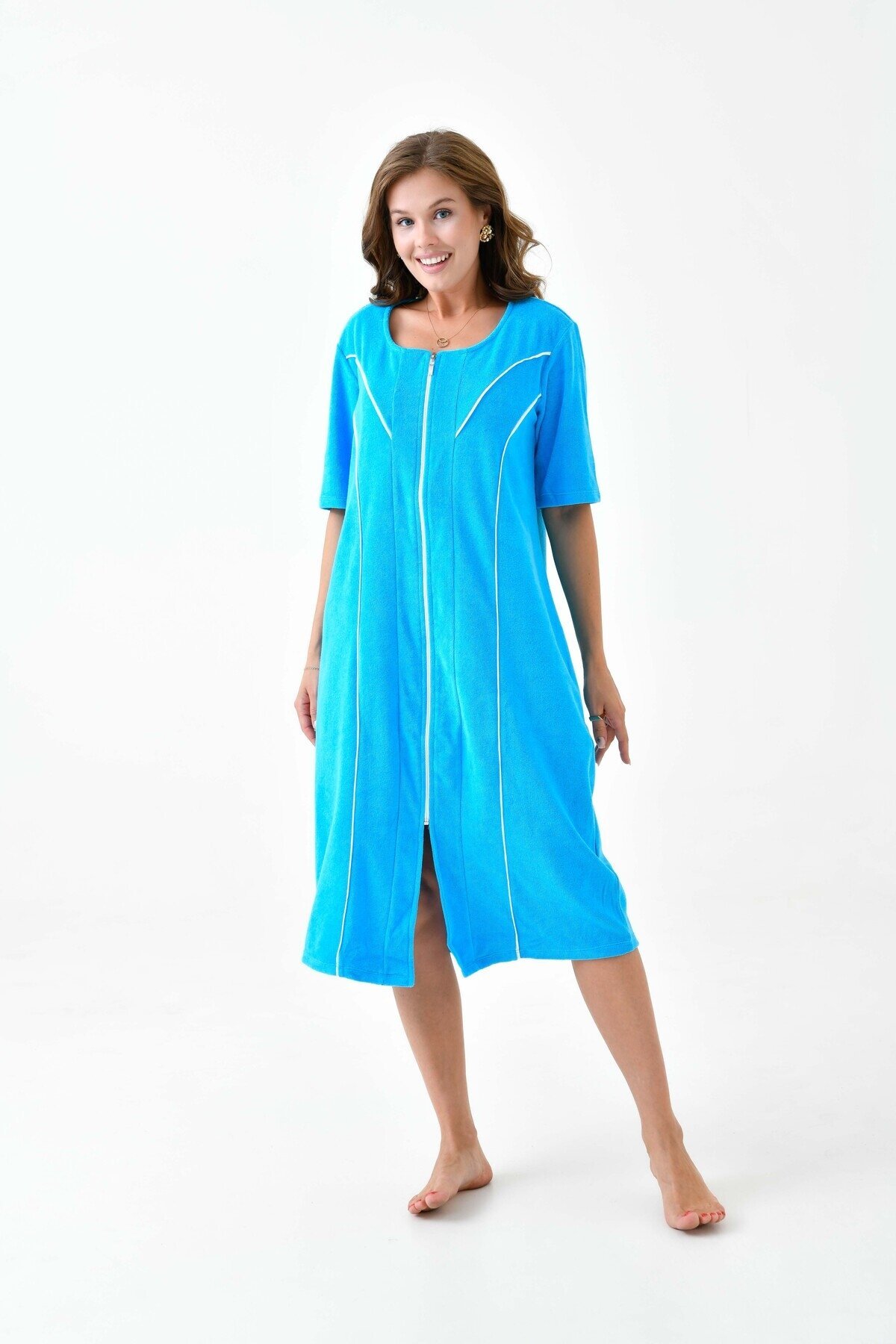 Kadın Yarım Kısa Kol Fermuarlı U Yaka Rahat Kalıp Büyük Beden Curve Ev Plaj Midi Havlu Elbise