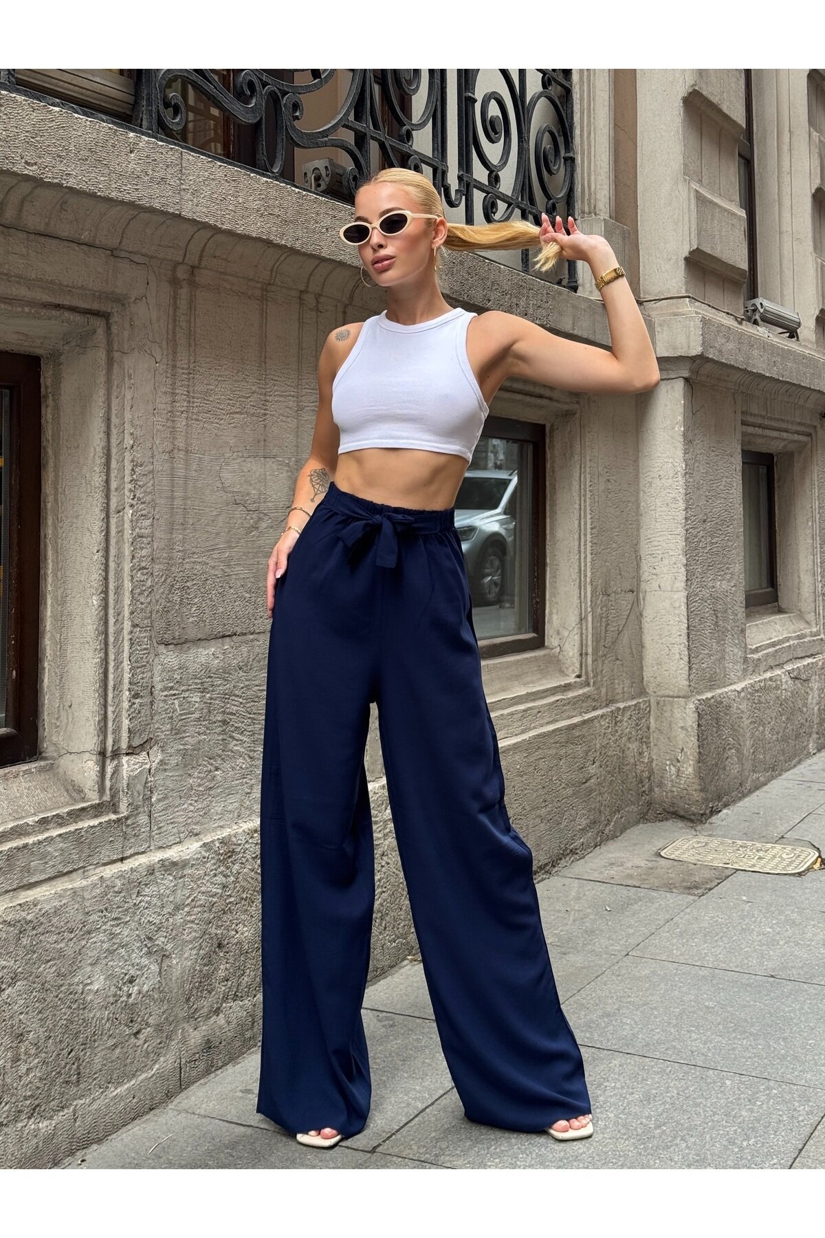 Kadın Yüksek Bel Kuşaklı %100 Viscose Pamuk Geniş Paça Şık Casual Büyük Beden Curve Pantolon