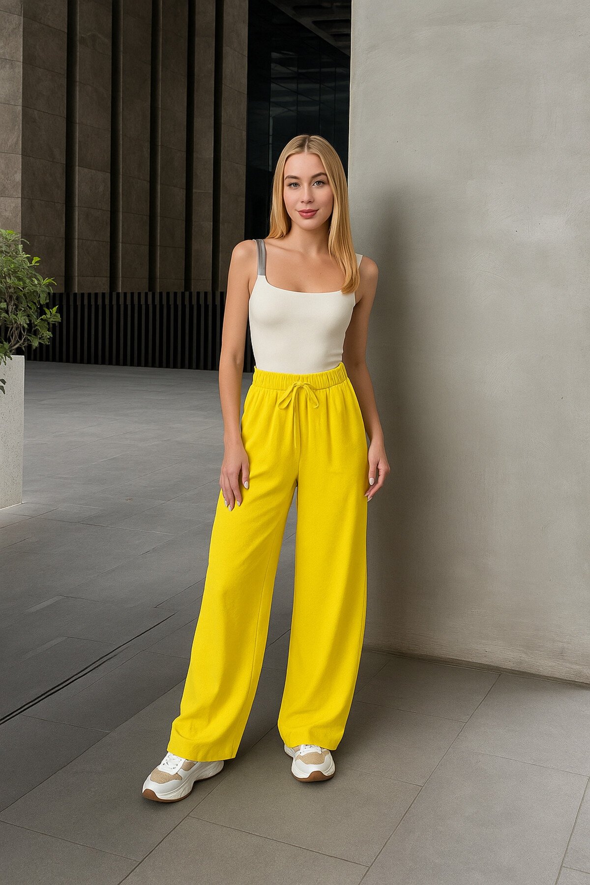 Kadın Yüksek Bel Kuşaklı %100 Viscose Pamuk Geniş Paça Şık Casual Büyük Beden Curve Pantolon