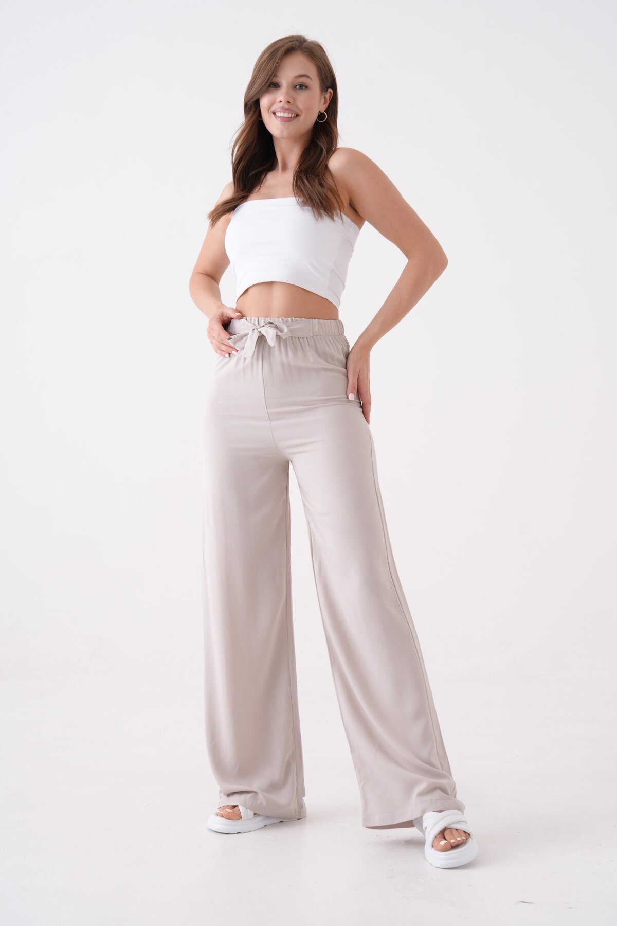 Kadın Yüksek Bel Kuşaklı %100 Viscose Pamuk Geniş Paça Şık Casual Büyük Beden Curve Pantolon